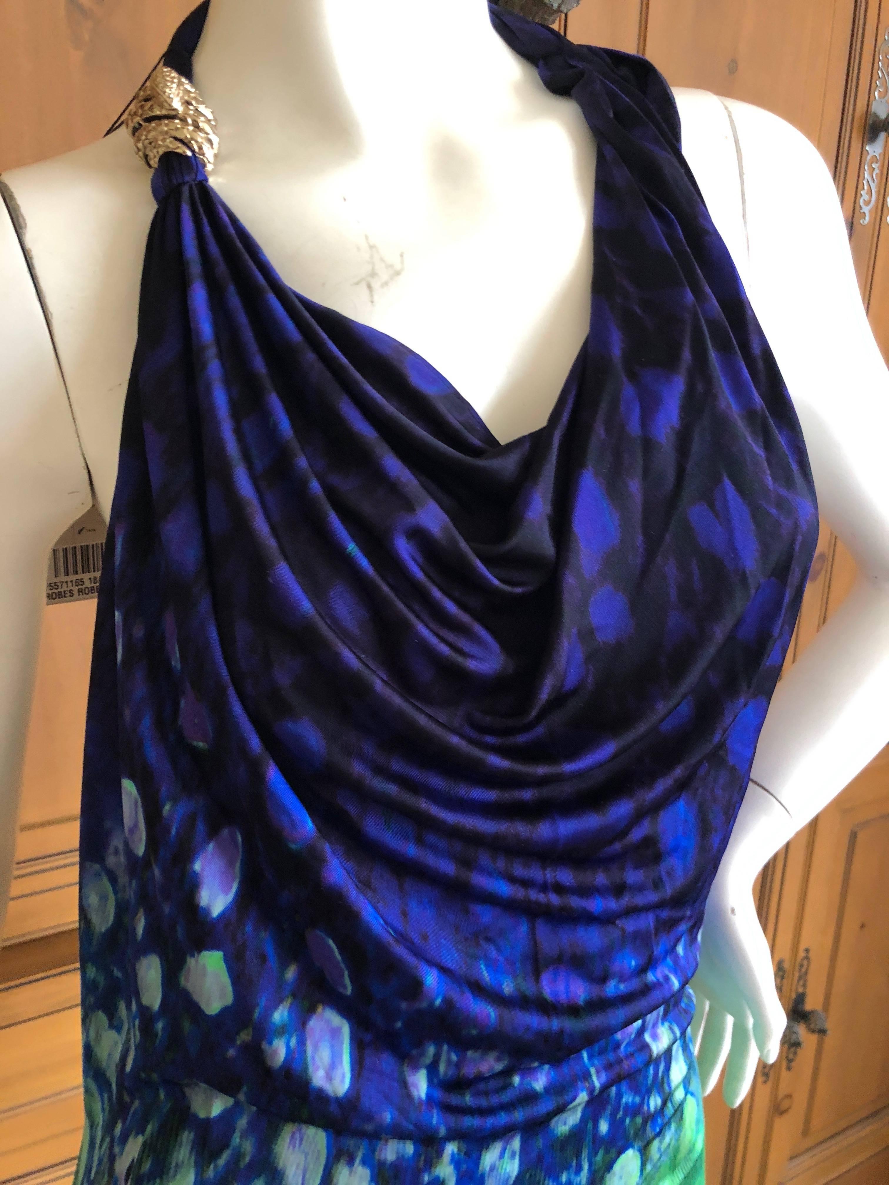 Roberto Cavalli Vintage Peacock Feather Print Halter Style Evening Dress In Excellent Condition In Cloverdale, CA
