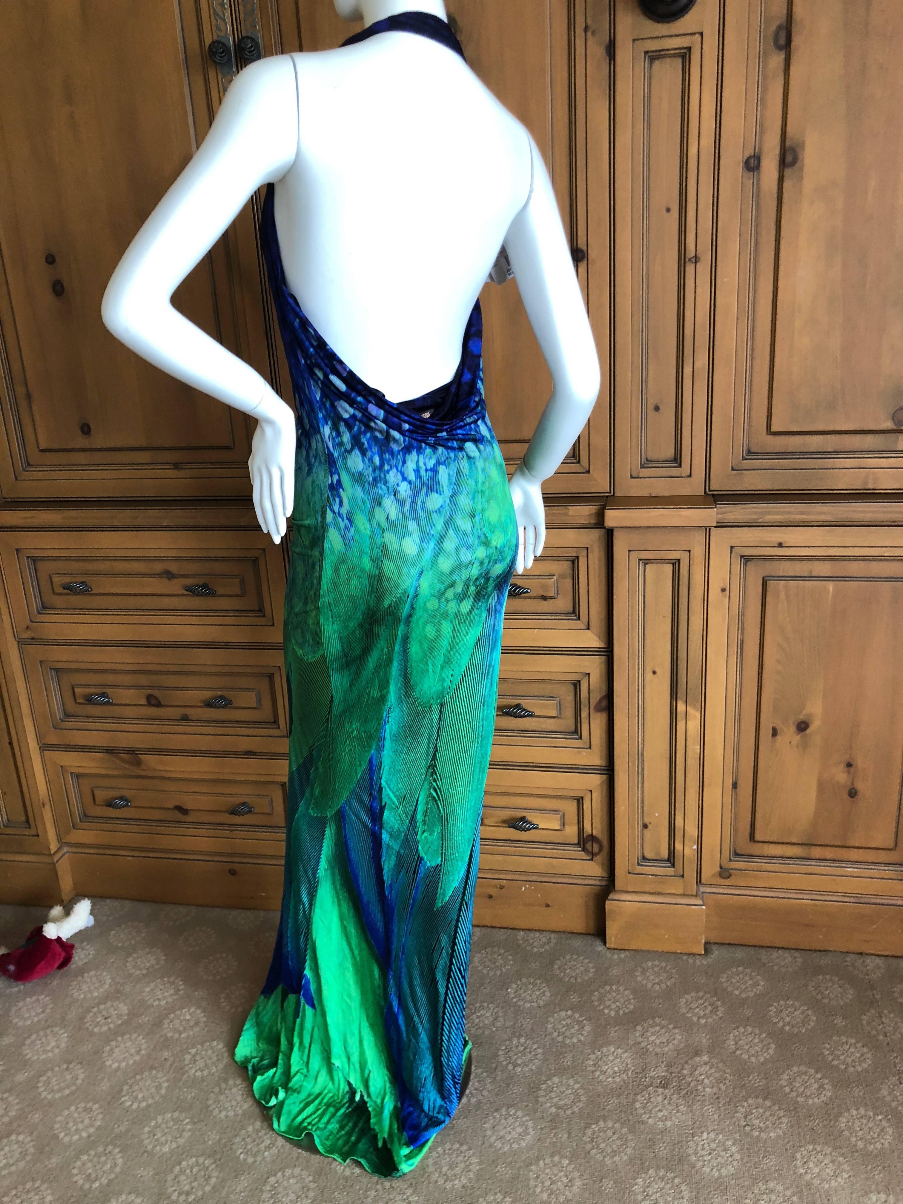 Roberto Cavalli Vintage Peacock Feather Print Halter Style Evening Dress 1