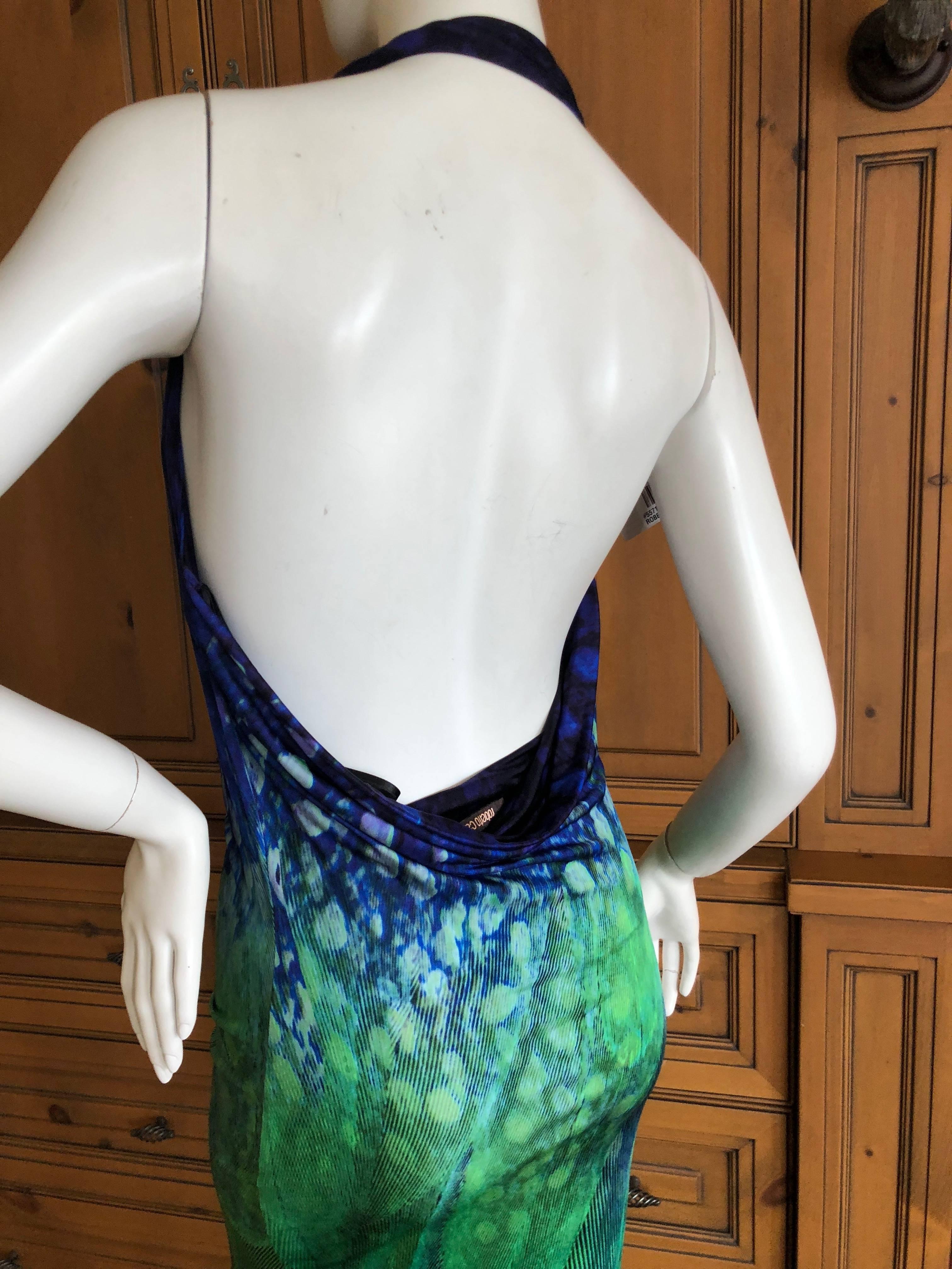 Roberto Cavalli Vintage Peacock Feather Print Halter Style Evening Dress 2