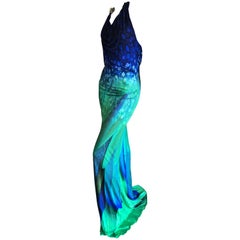 Roberto Cavalli Vintage Peacock Feather Print Halter Style Evening Dress