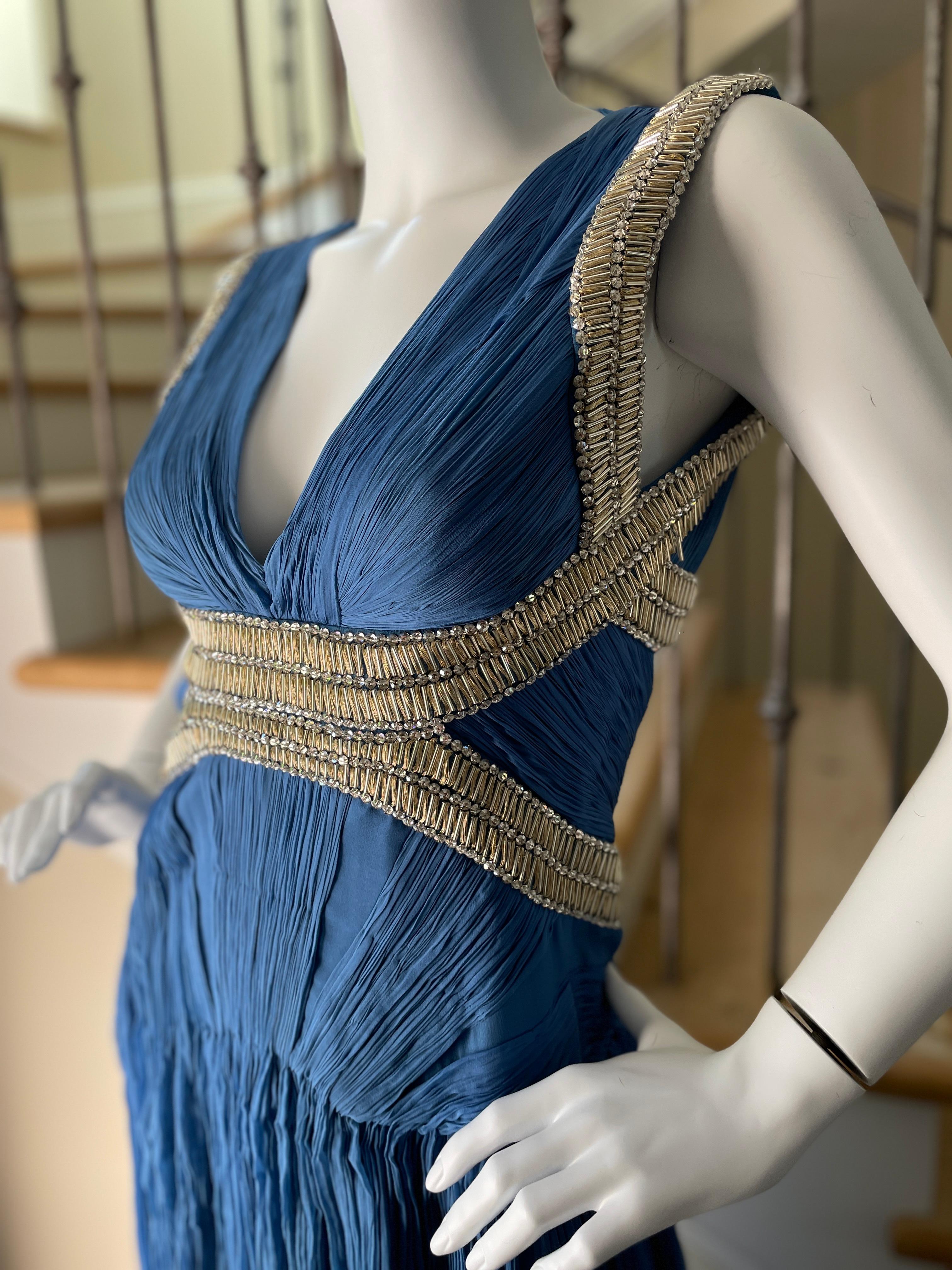 Roberto Cavalli Vintage Pleated Blue Beaded Evening Dress with Sexy Back.
There is an inner thong.
Simply sensational
 Size 42
 Bust 34