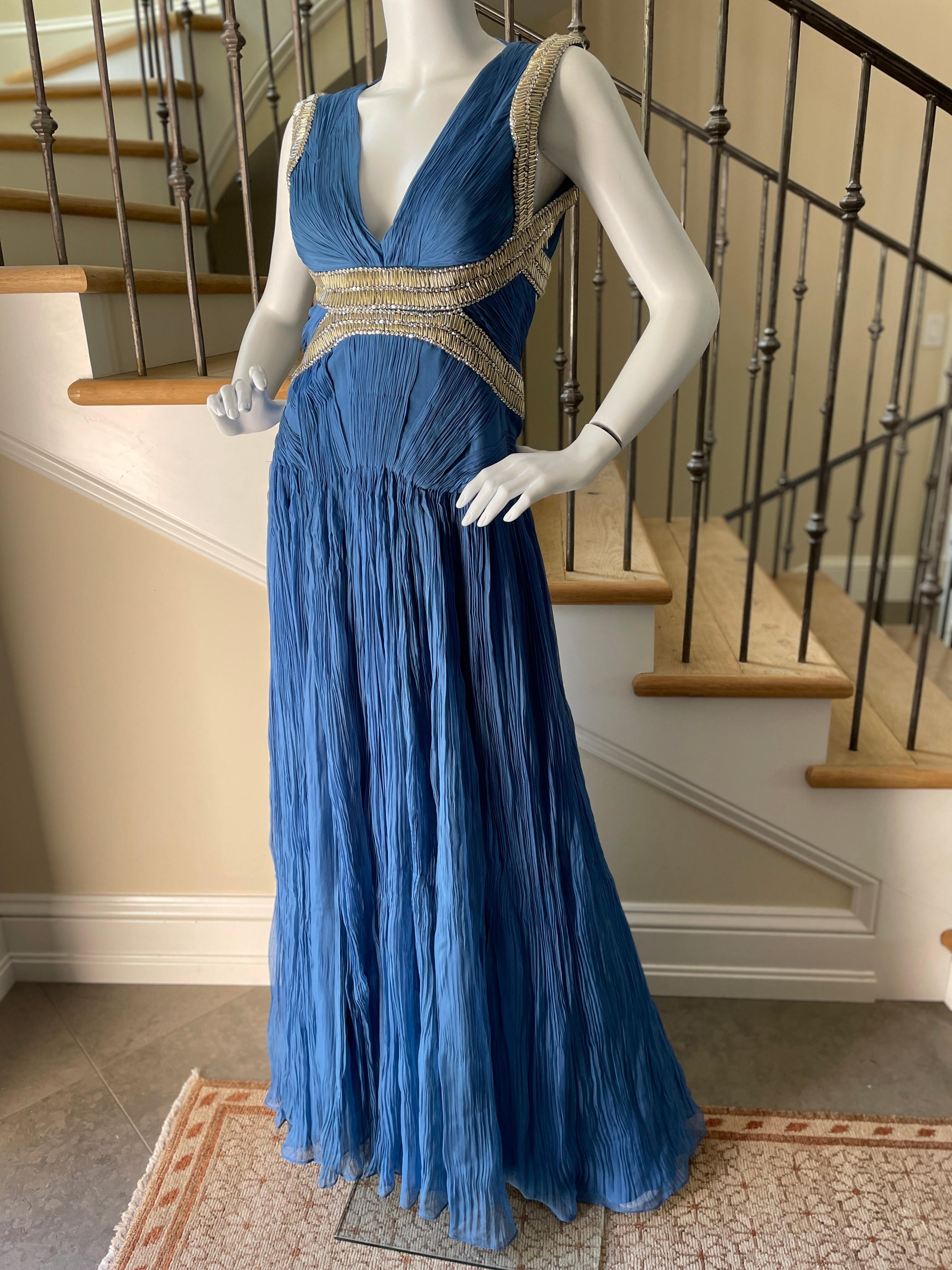 Roberto Cavalli Vintage Pleated Blue Beaded Evening Dress with Sexy Back In Excellent Condition For Sale In Cloverdale, CA