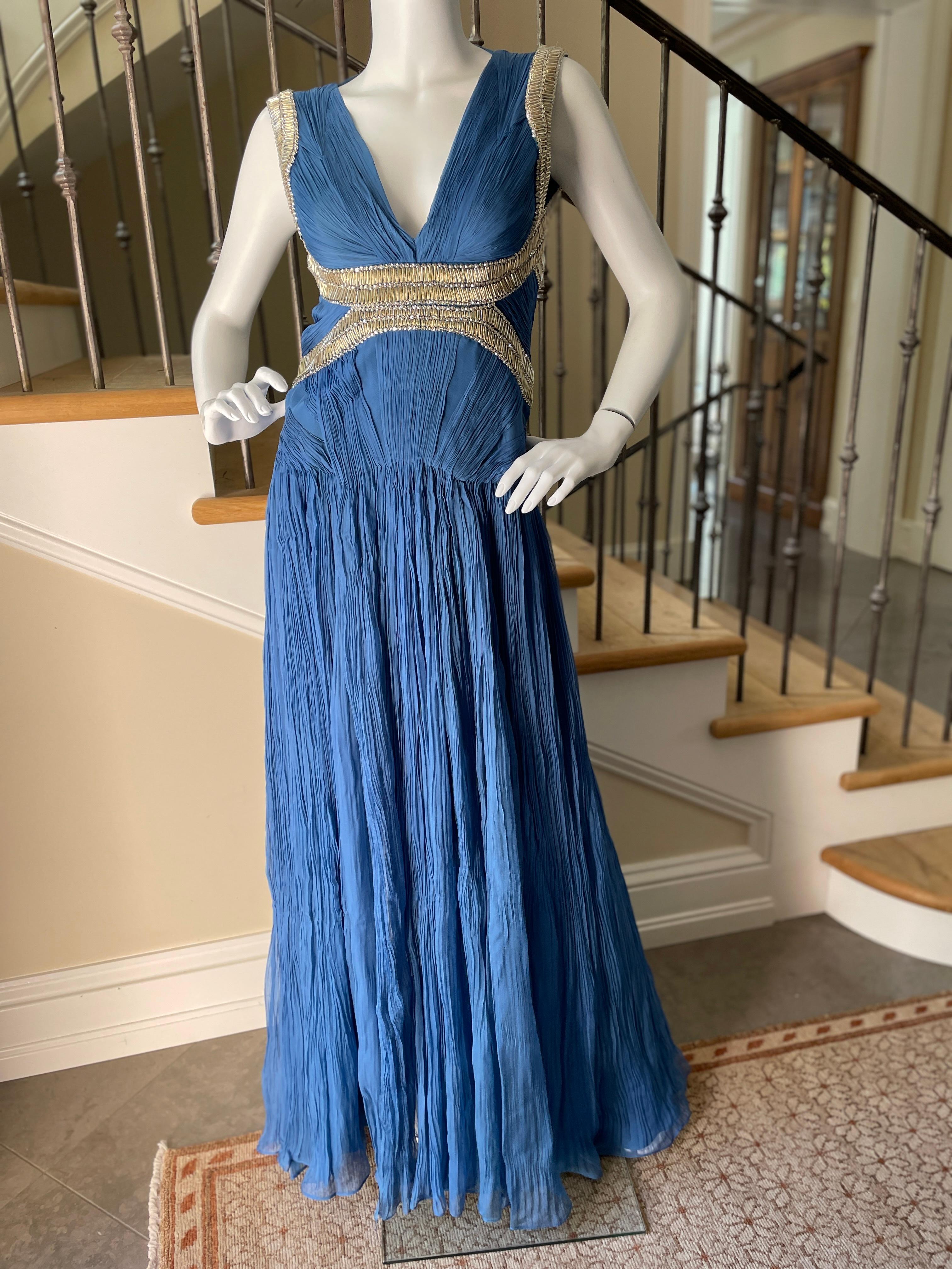 Roberto Cavalli Vintage Pleated Blue Beaded Evening Dress with Sexy Back For Sale 1