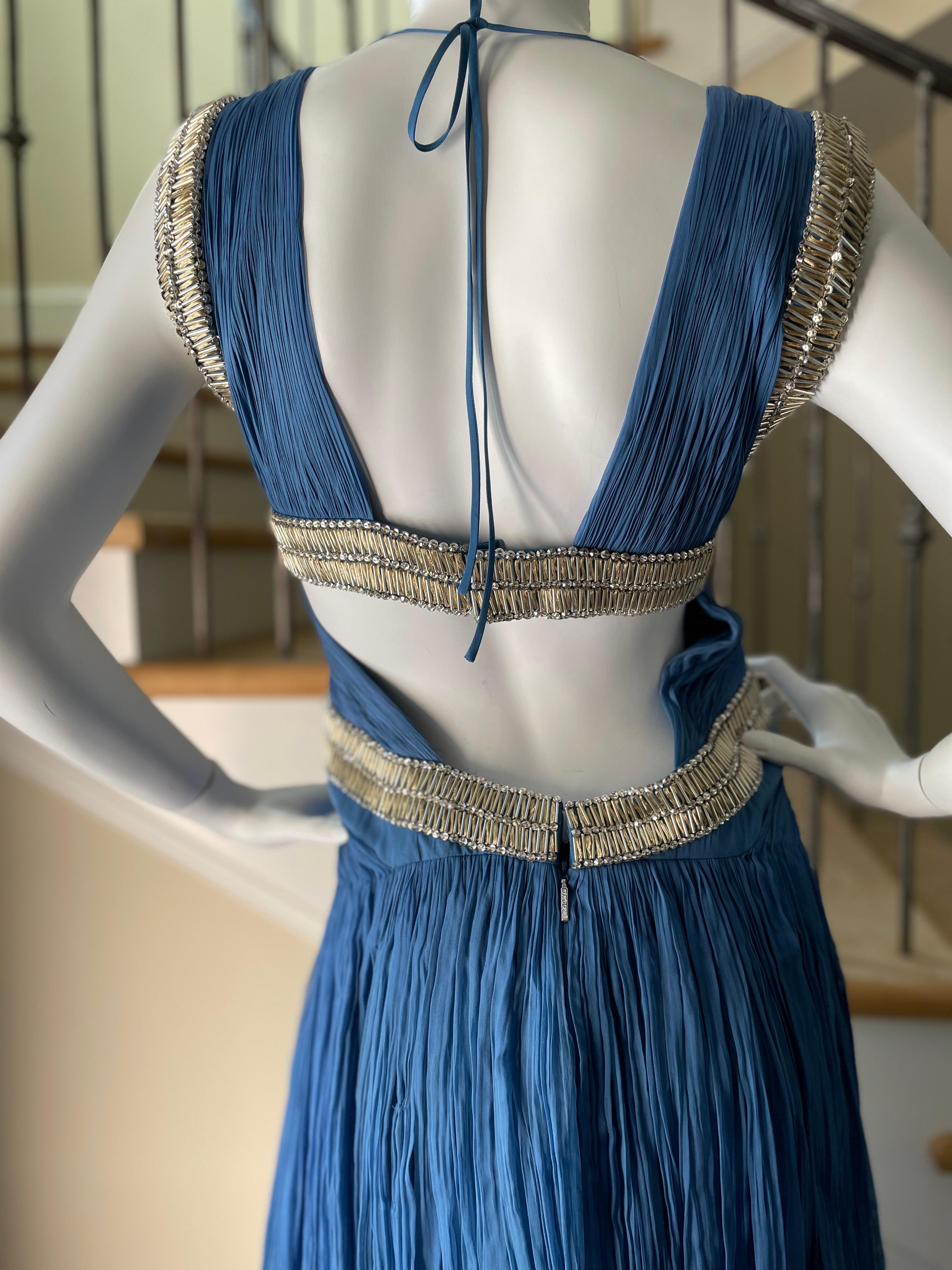 Roberto Cavalli Vintage Pleated Blue Beaded Evening Dress with Sexy Back For Sale 2