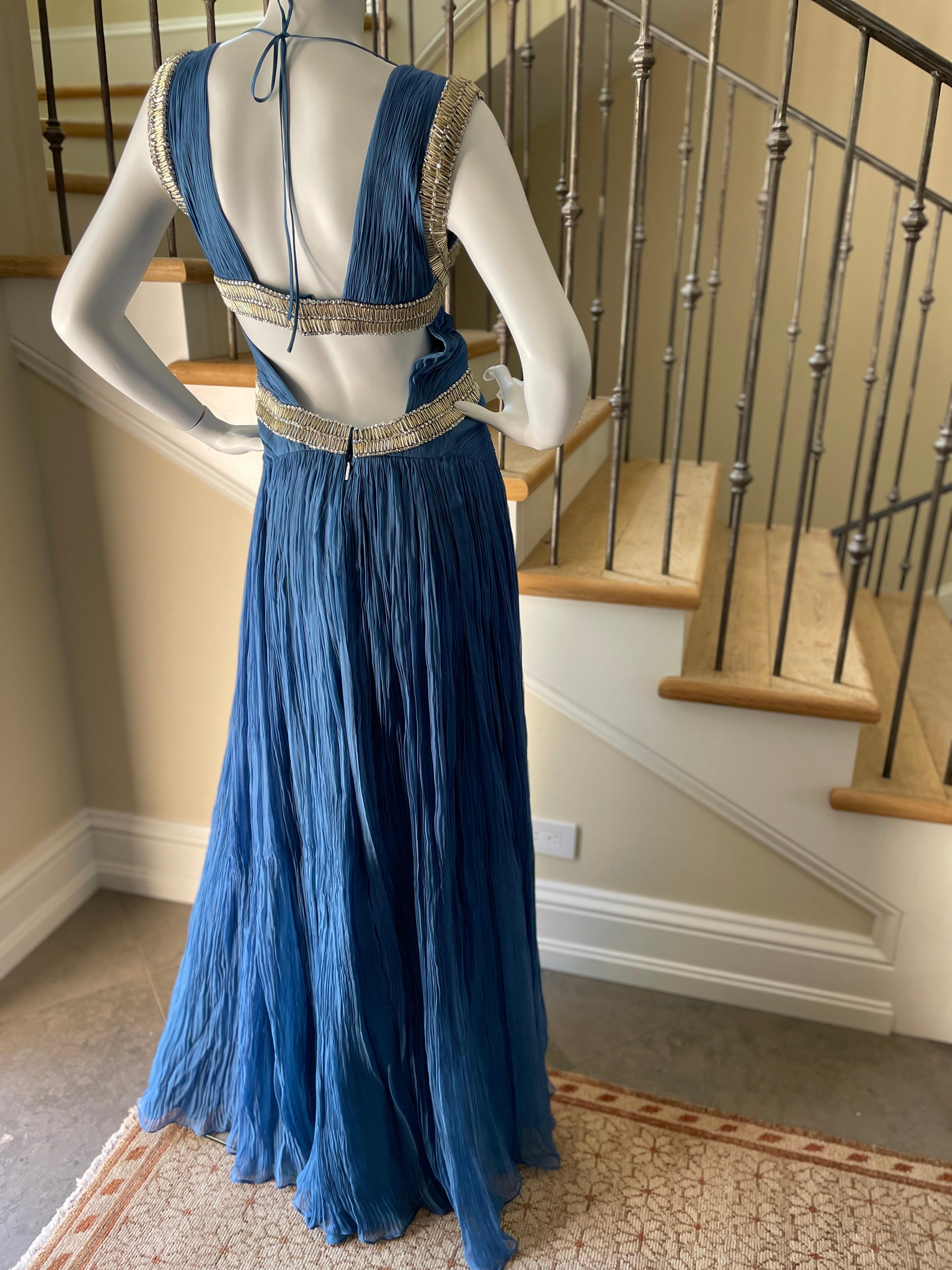 Roberto Cavalli Vintage Pleated Blue Beaded Evening Dress with Sexy Back For Sale 3
