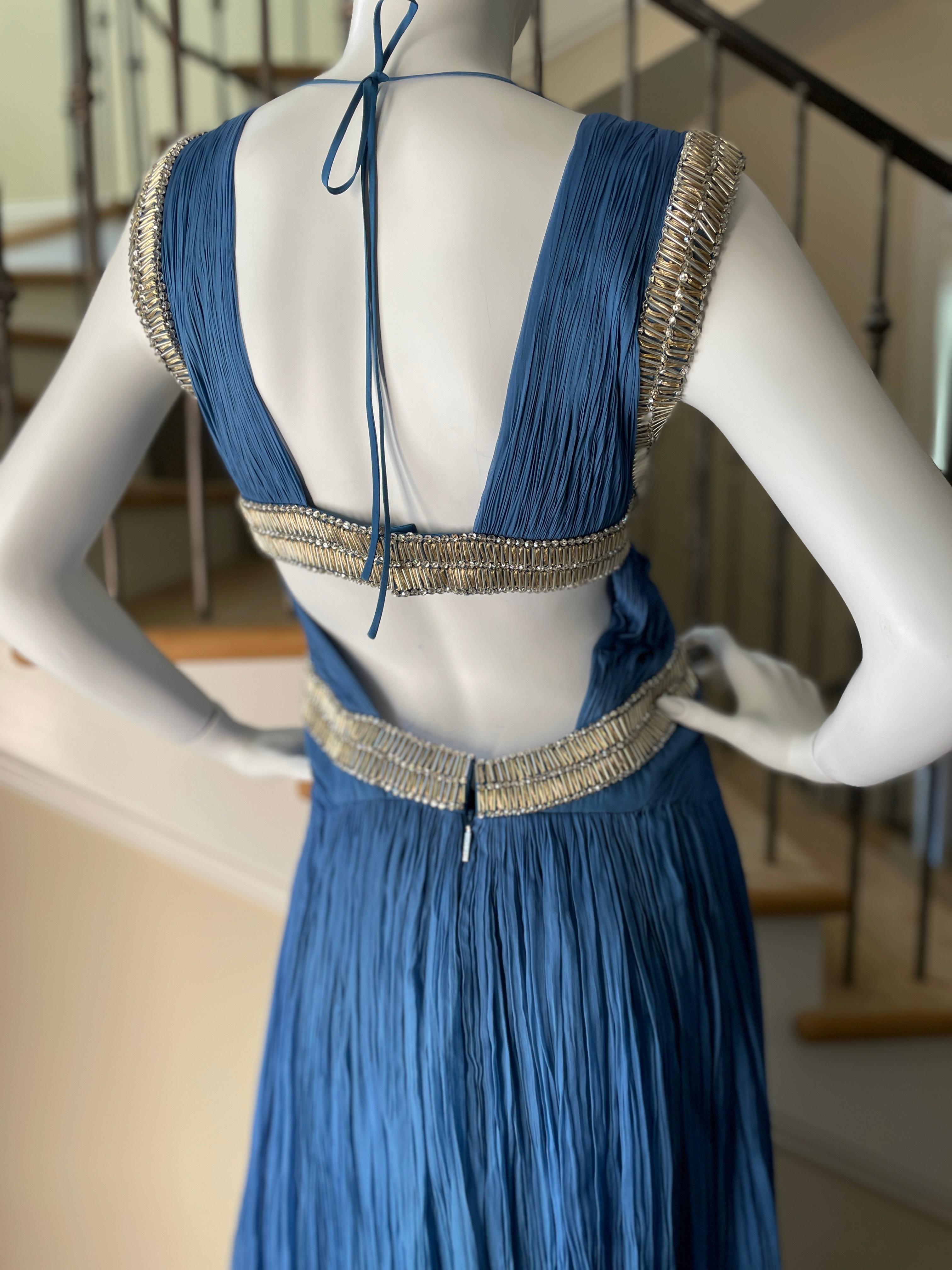 Roberto Cavalli Vintage Pleated Blue Beaded Evening Dress with Sexy Back For Sale 4