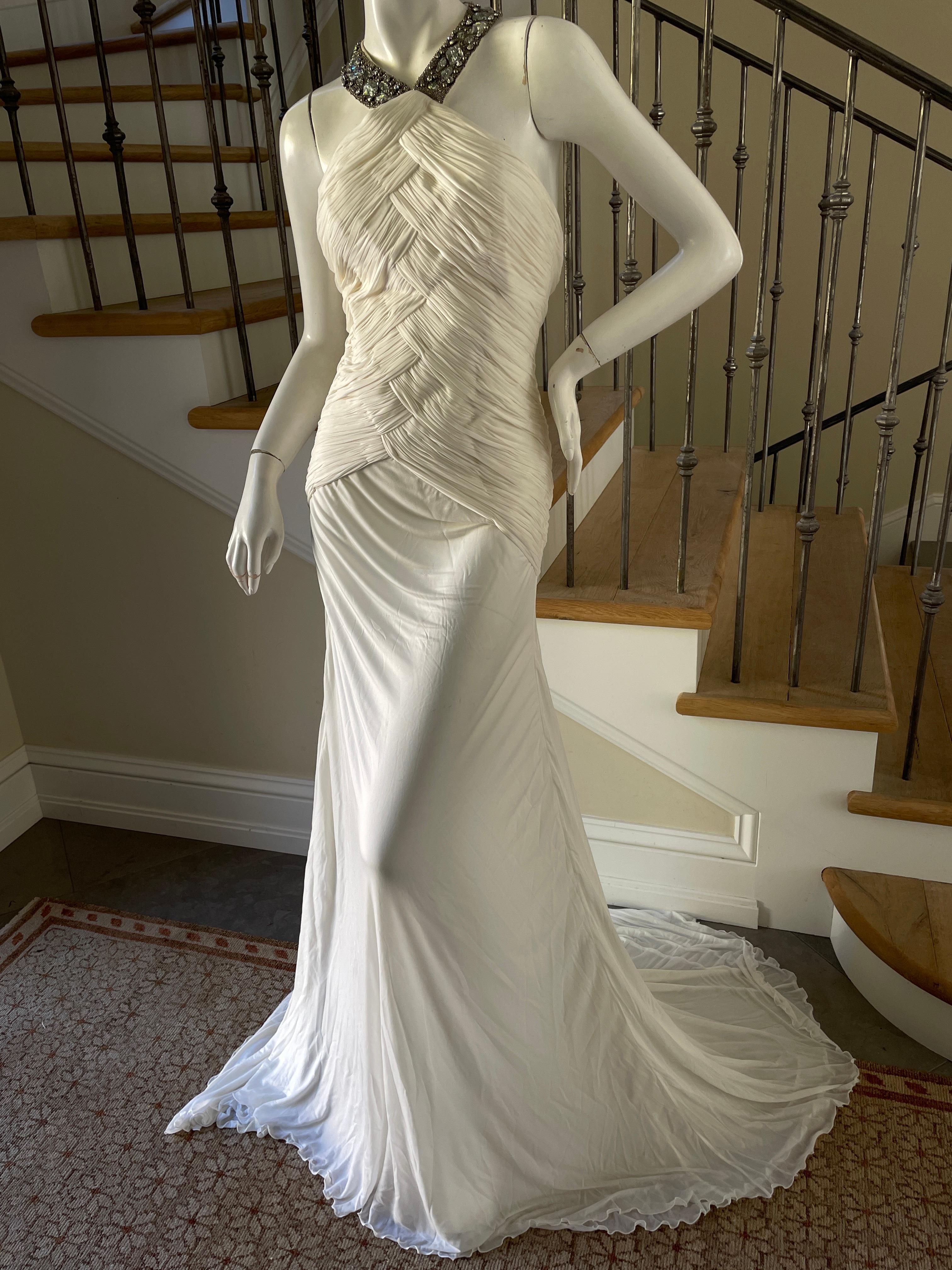 Roberto Cavalli Vintage Pleated White Evening Dress with Flowing Train NWT For Sale 2