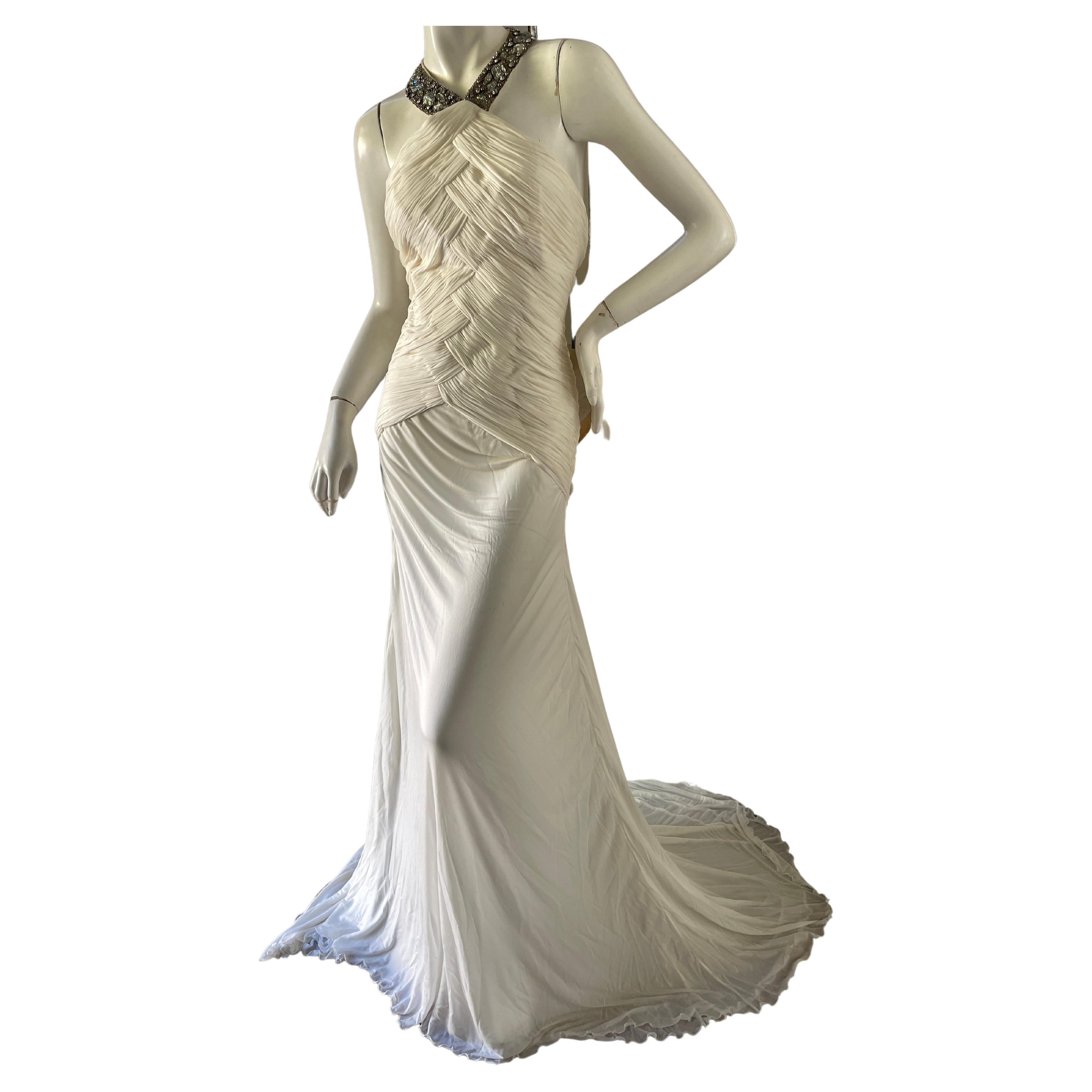 Roberto Cavalli Vintage Pleated White Evening Dress with Flowing Train NWT For Sale