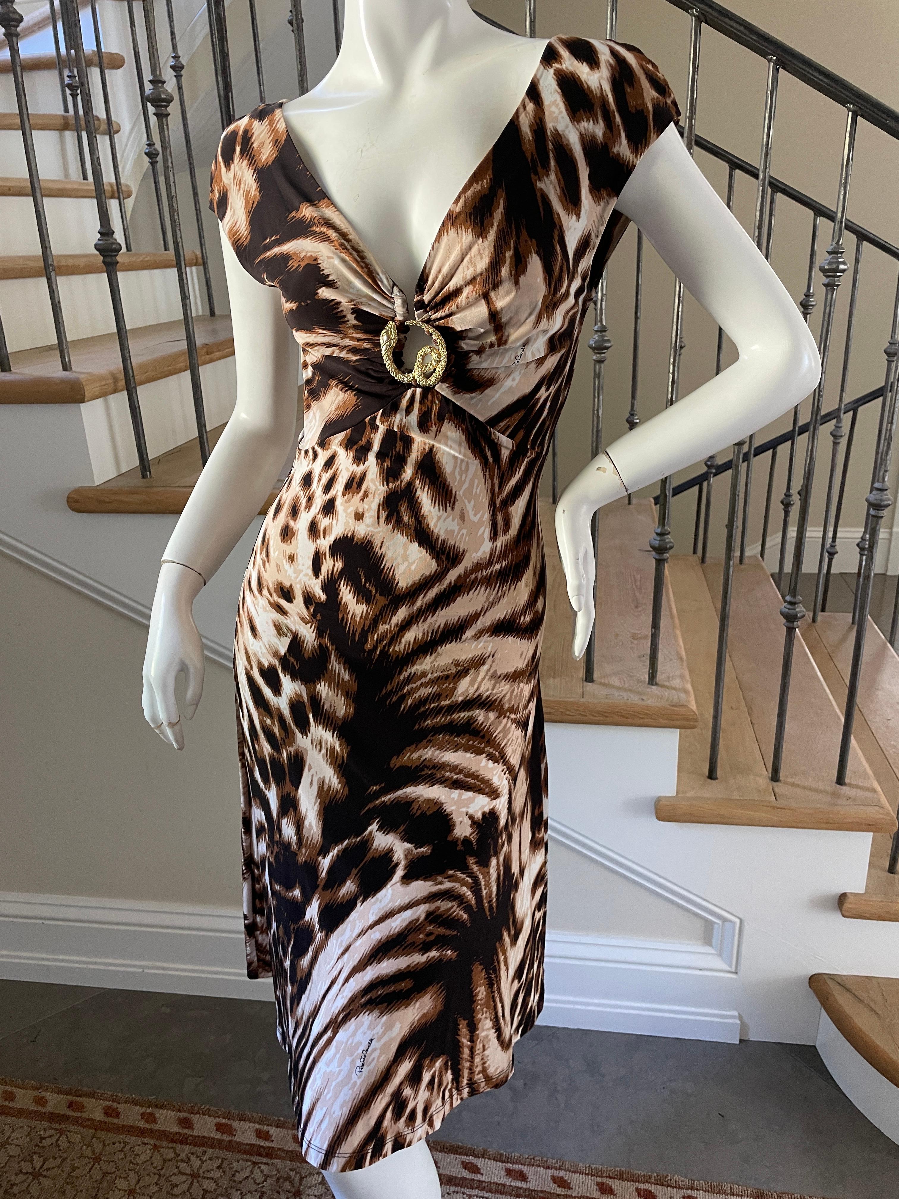 Roberto Cavalli Vintage Plunging Animal Print Cocktail Dress with Snake Ornament
Size S, lot's of stretch
Bust 34