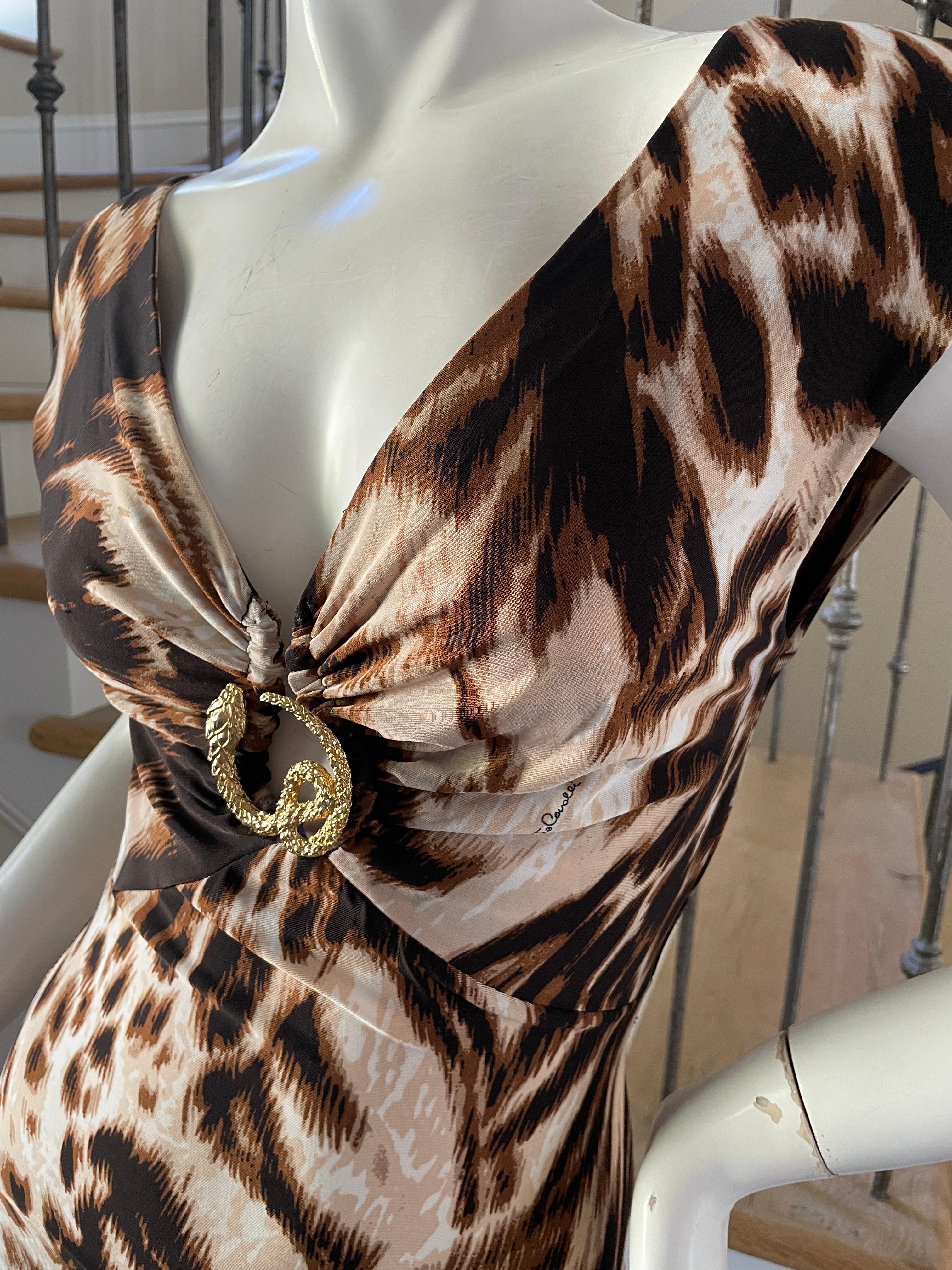 Roberto Cavalli Vintage Plunging Animal Print Cocktail Dress with Snake Ornament In Excellent Condition In Cloverdale, CA