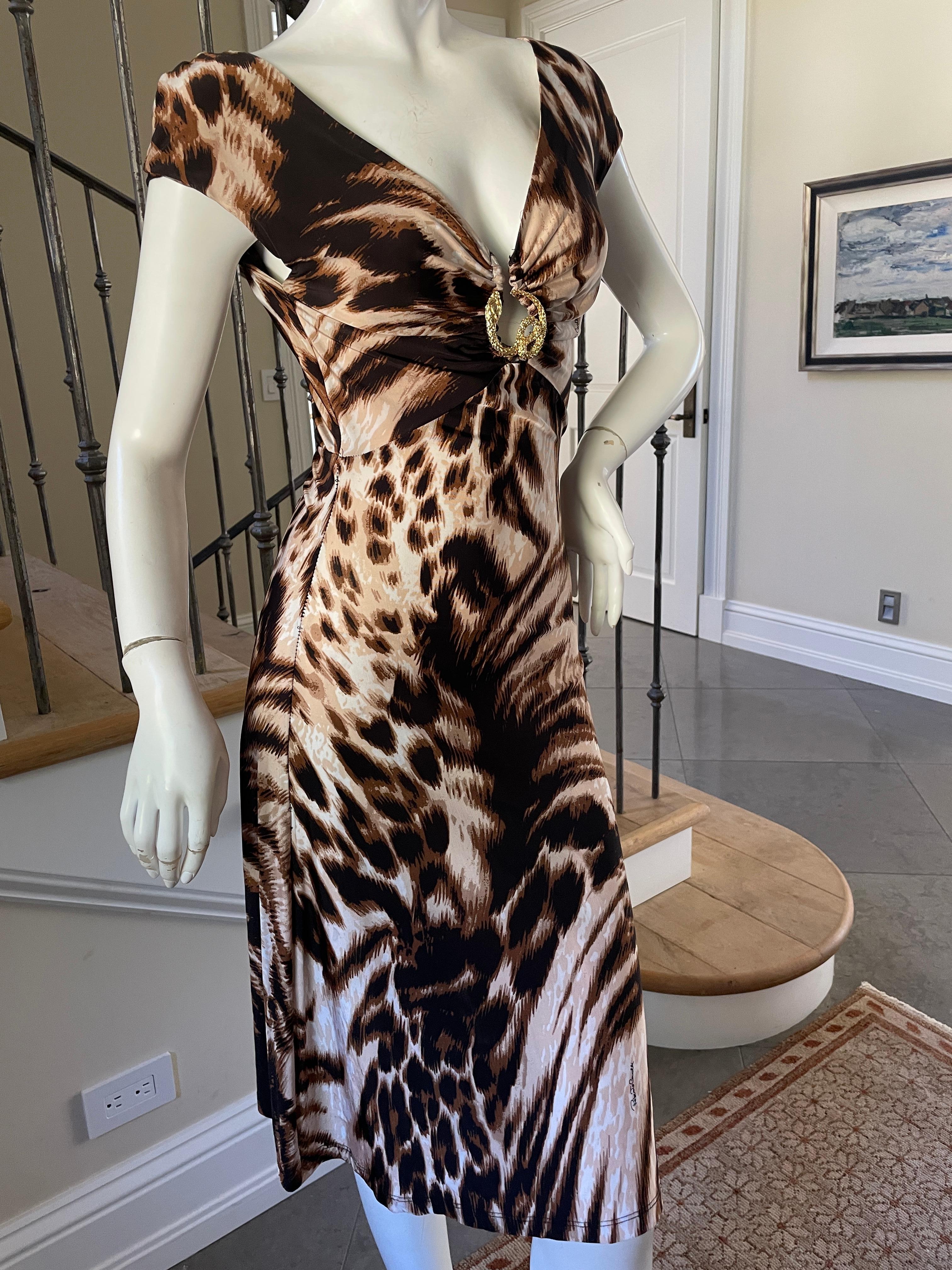 Women's Roberto Cavalli Vintage Plunging Animal Print Cocktail Dress with Snake Ornament