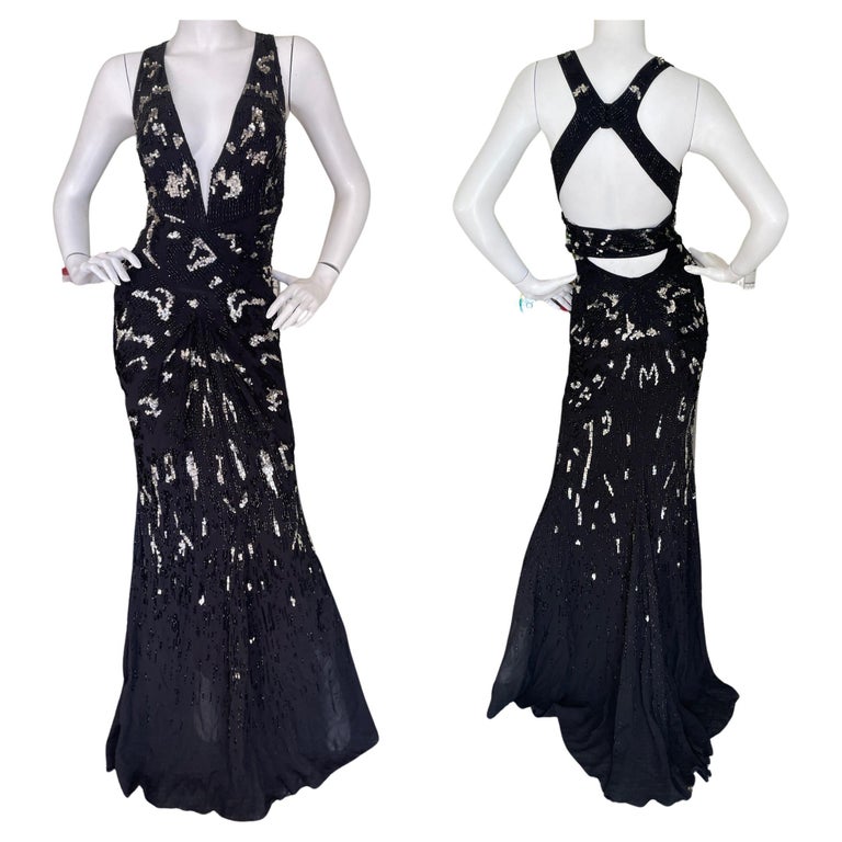 Roberto Cavalli Vintage Plunging Black Embellished Long Evening Dress
