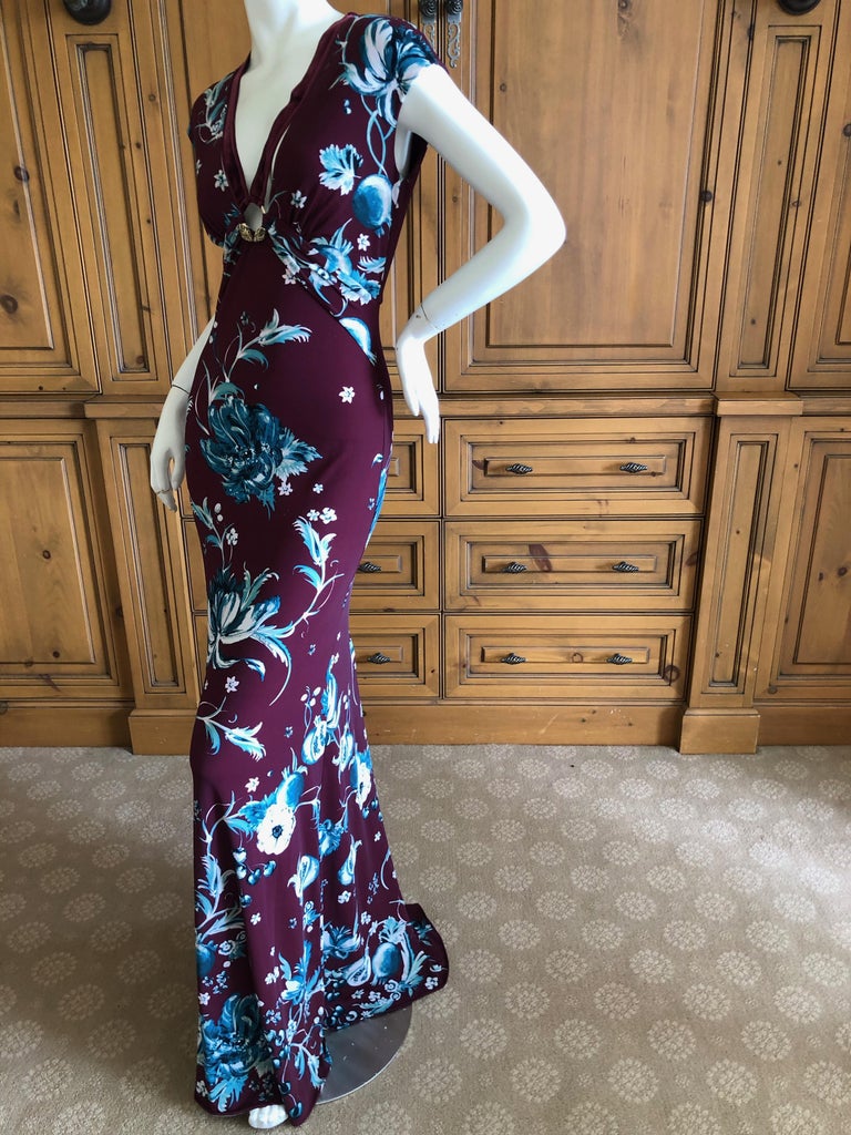 Roberto Cavalli Vintage Pomegranate Print Low Cut Evening Dress For
