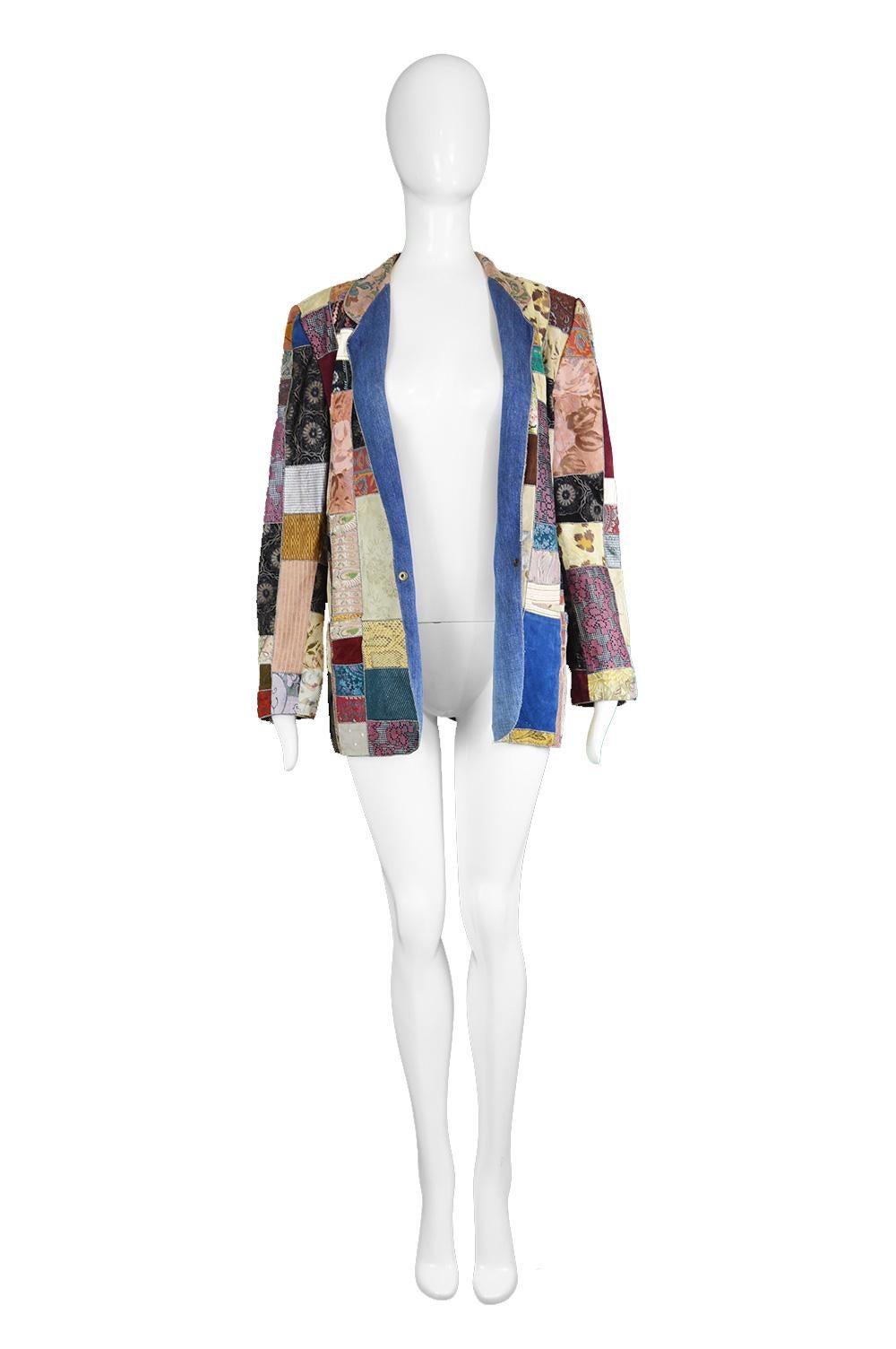 Roberto Cavalli Vintage Printed Suede, Leather & Denim Patchwork Jacket, 1980s

Size: Marked M. Please check measurements. 
Bust - 40” / 101cm (allow a couple of inches room for movement)
Waist - 38” / 96cm
Length (Shoulder to Hem) - 27” /
