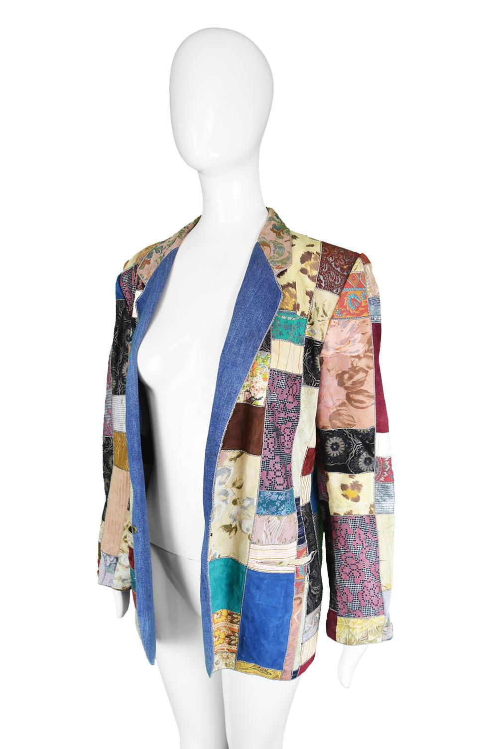 Brown Roberto Cavalli Vintage Printed Suede, Leather & Denim Patchwork Jacket, 1980s