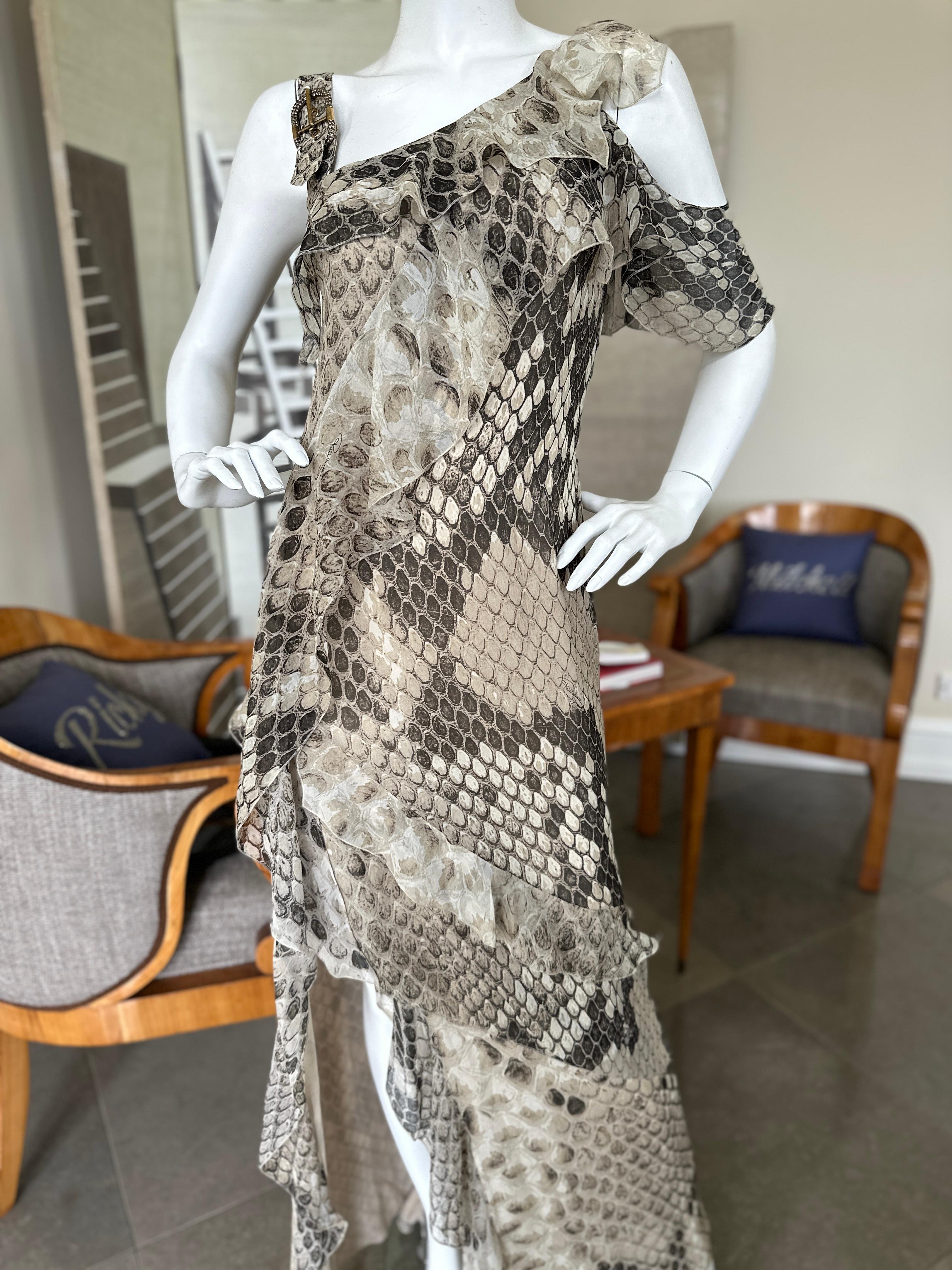 Roberto Cavalli Vintage Reptile Print Silk Evening Dress with Crystal Buckle For Sale 6