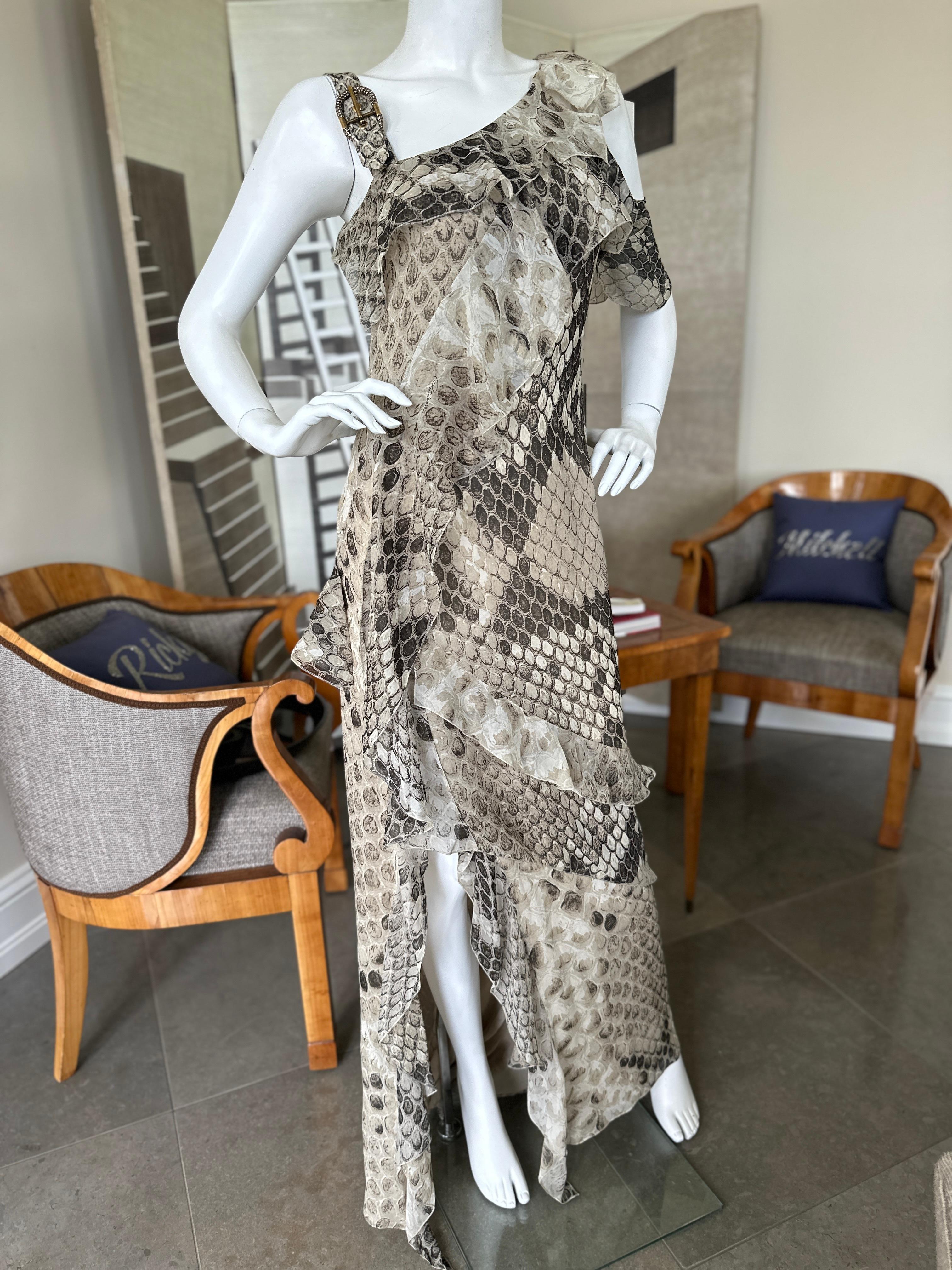 Roberto Cavalli Vintage Reptile Print Silk Evening Dress with Crystal Buckle For Sale 2