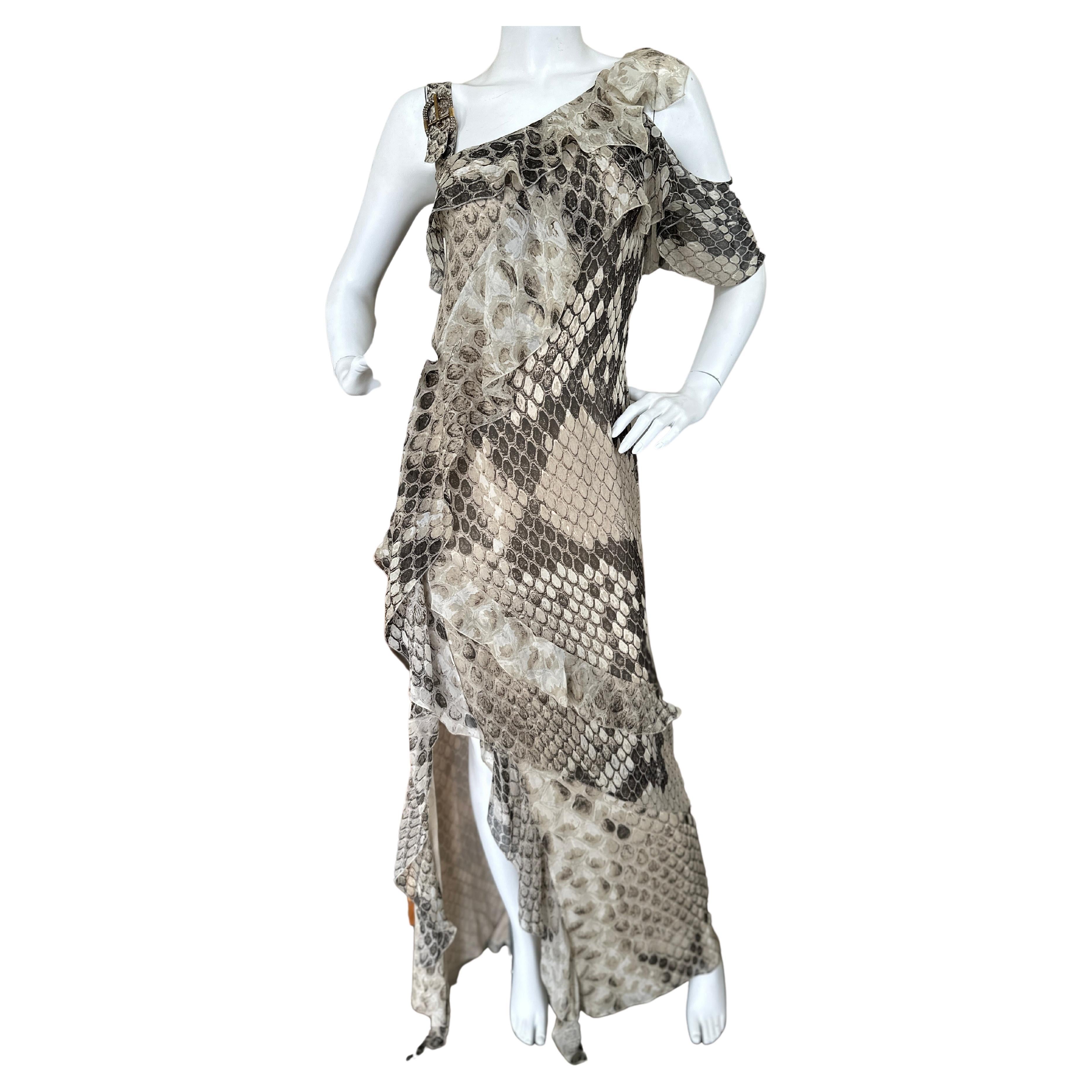 Roberto Cavalli Vintage Reptile Print Silk Evening Dress with Crystal Buckle For Sale