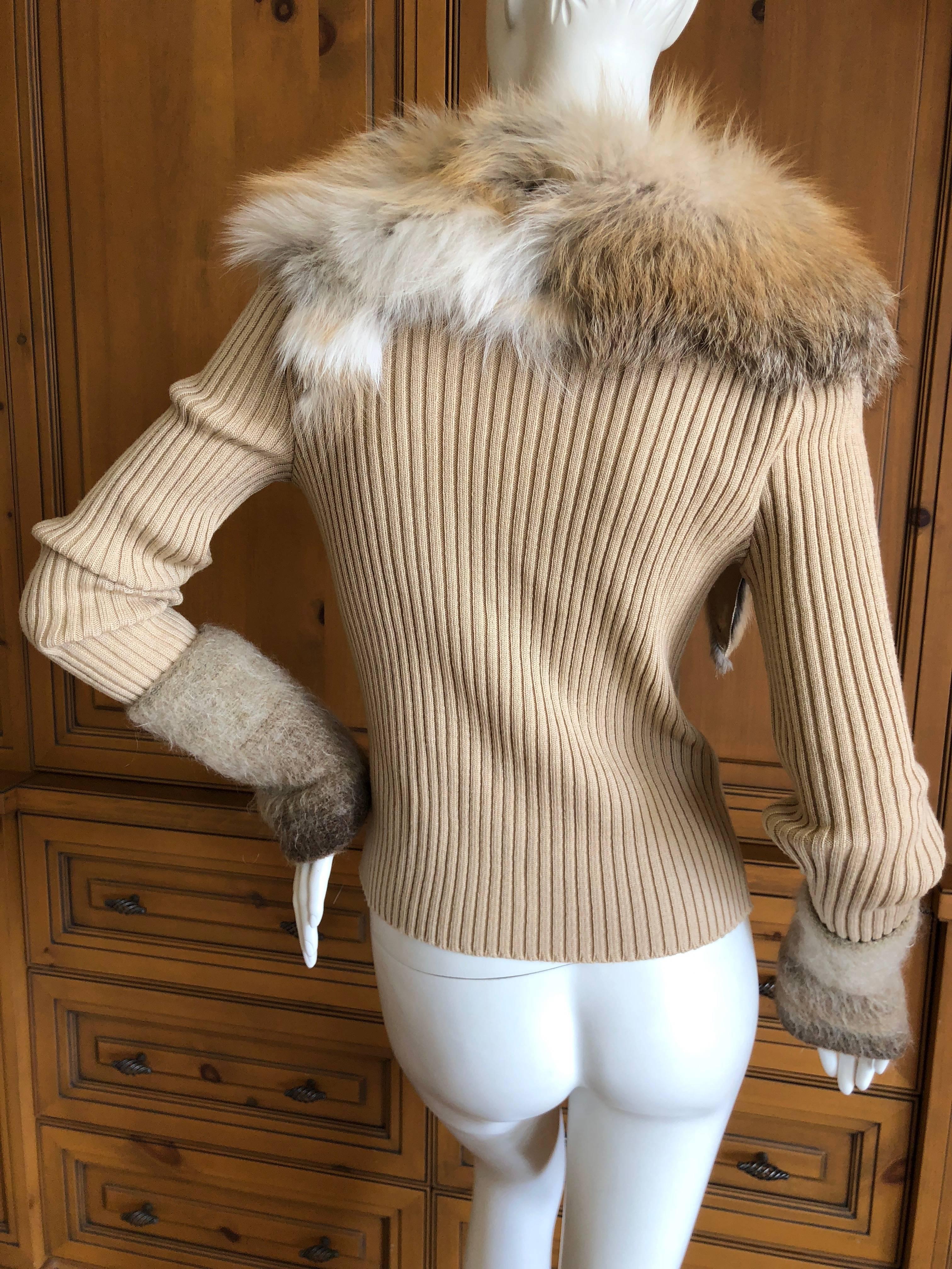 Roberto Cavalli Vintage Ribbed Knit Cardigan Sweater w Detachable Fox Fur Collar 3