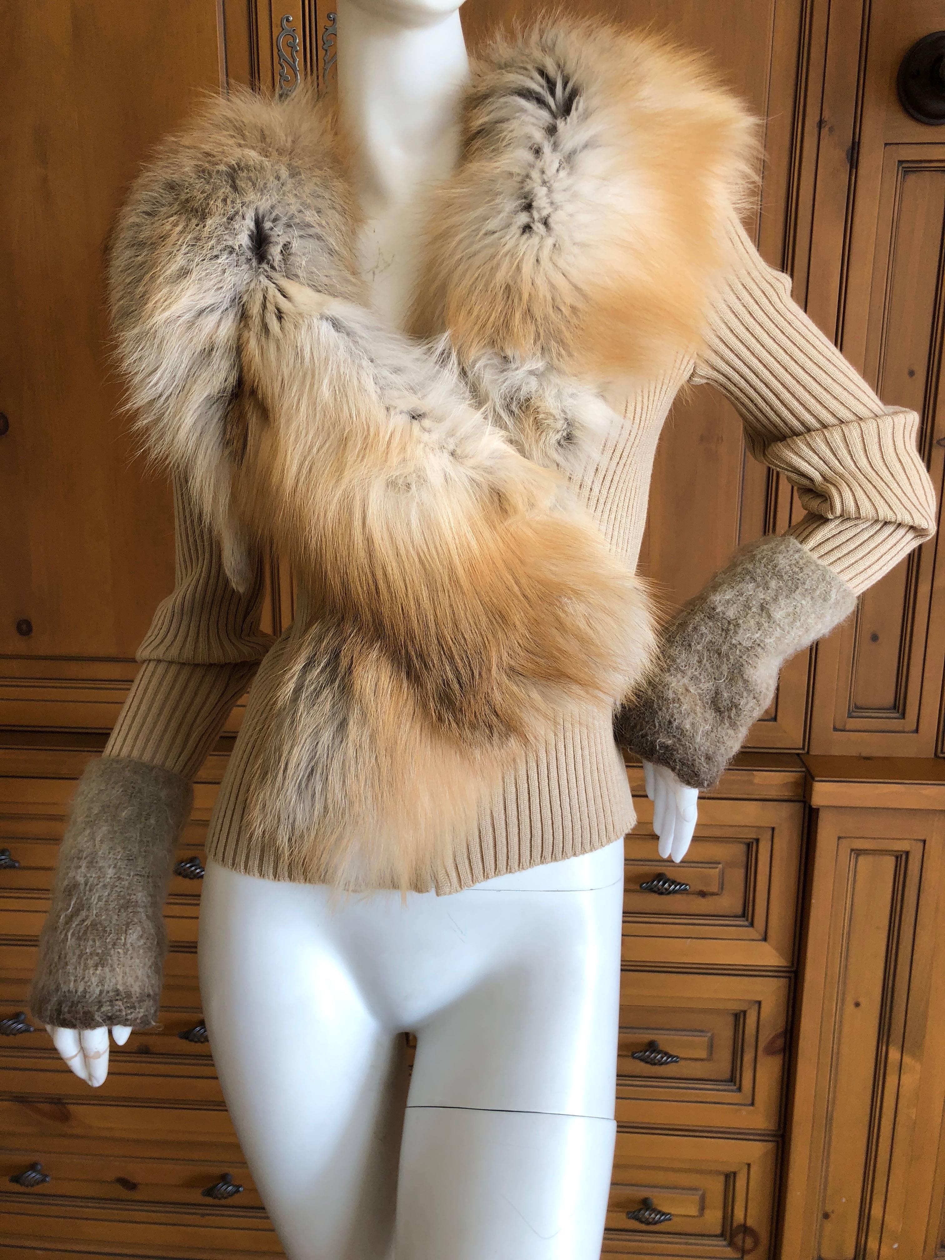 Women's or Men's Roberto Cavalli Vintage Ribbed Knit Cardigan Sweater w Detachable Fox Fur Collar