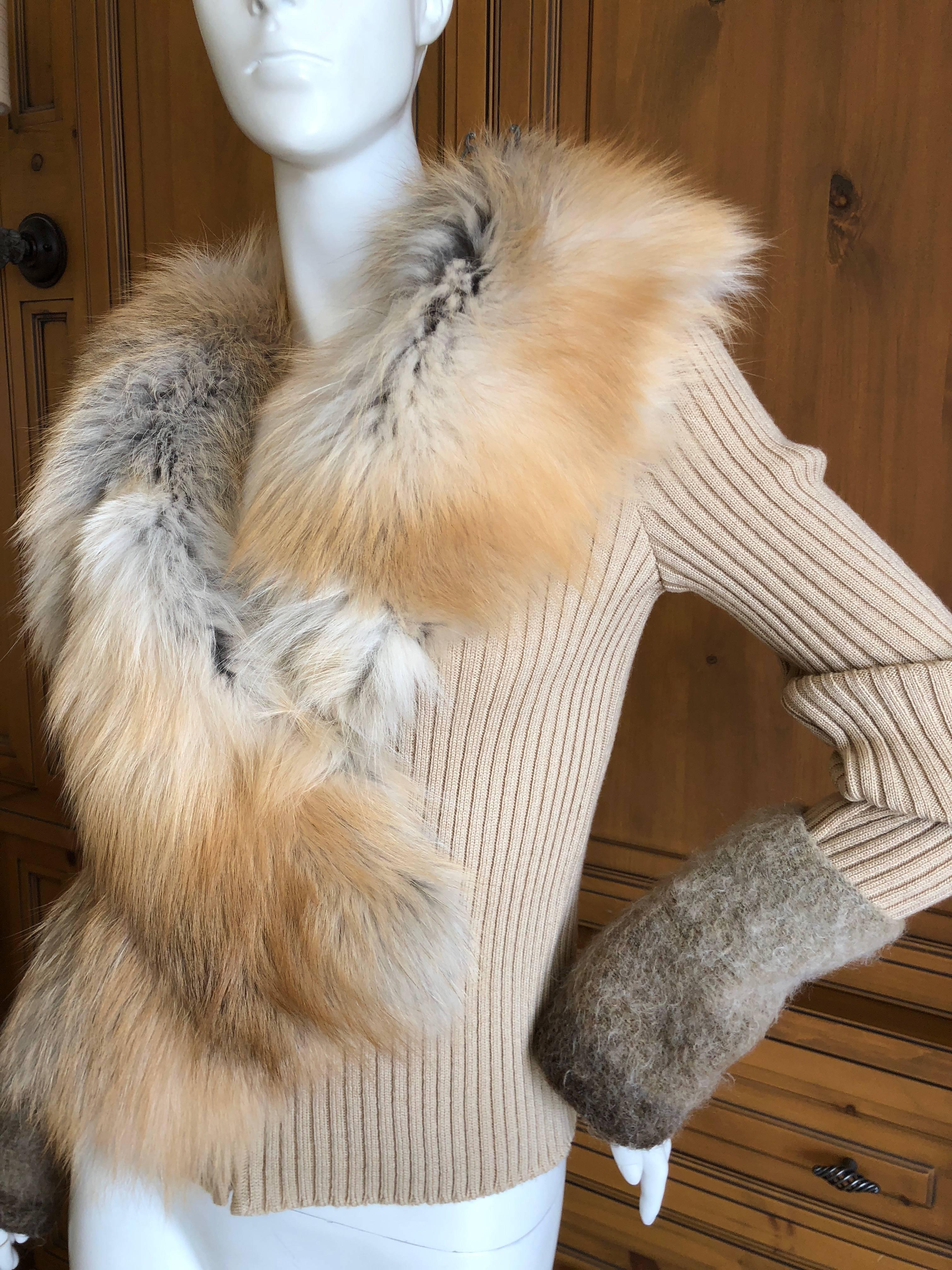 Roberto Cavalli Vintage Ribbed Knit Cardigan Sweater w Detachable Fox Fur Collar 2