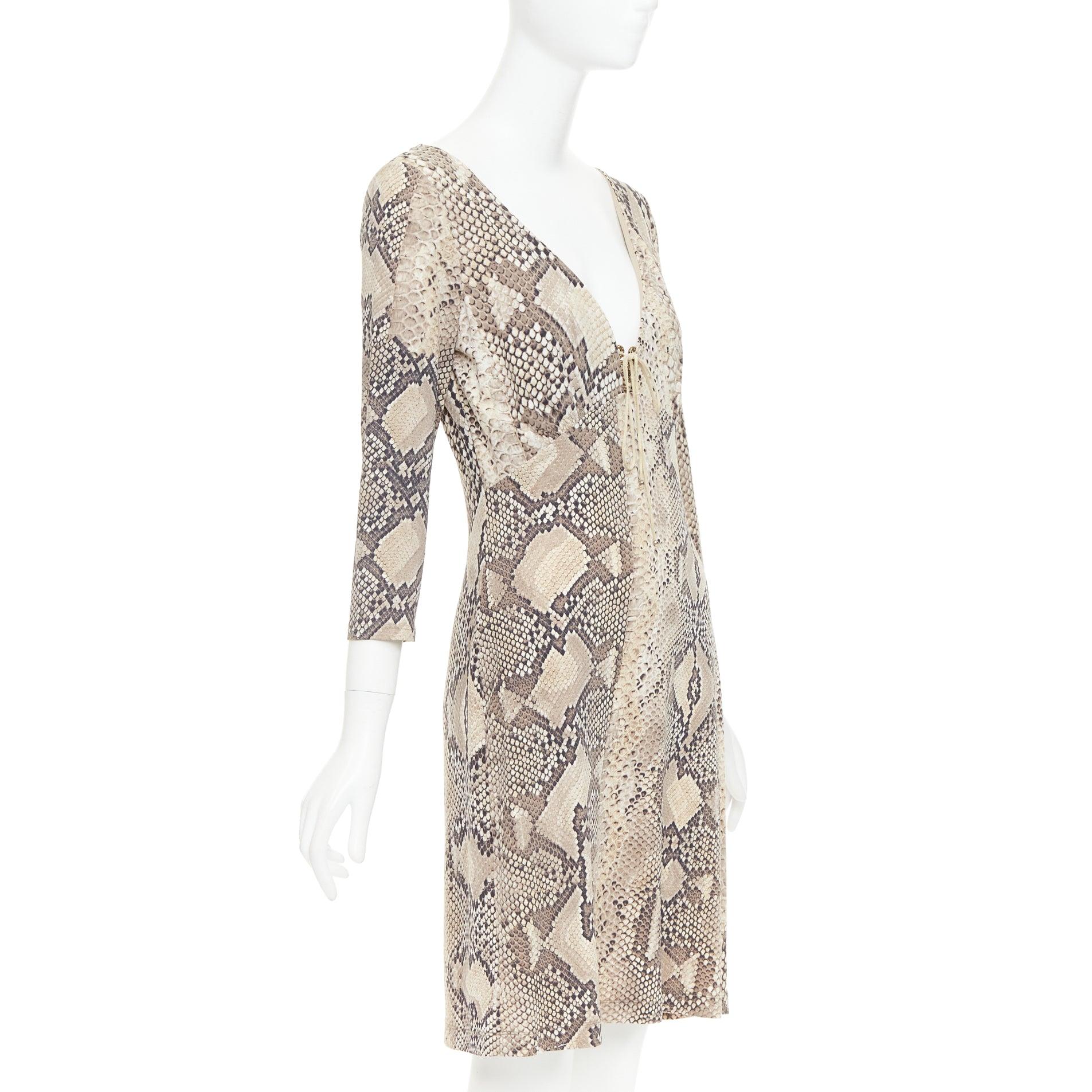 Beige ROBERTO CAVALLI Abito vintage in pelle squamata con dettaglio in pizzo e collo a V IT42 M. in vendita