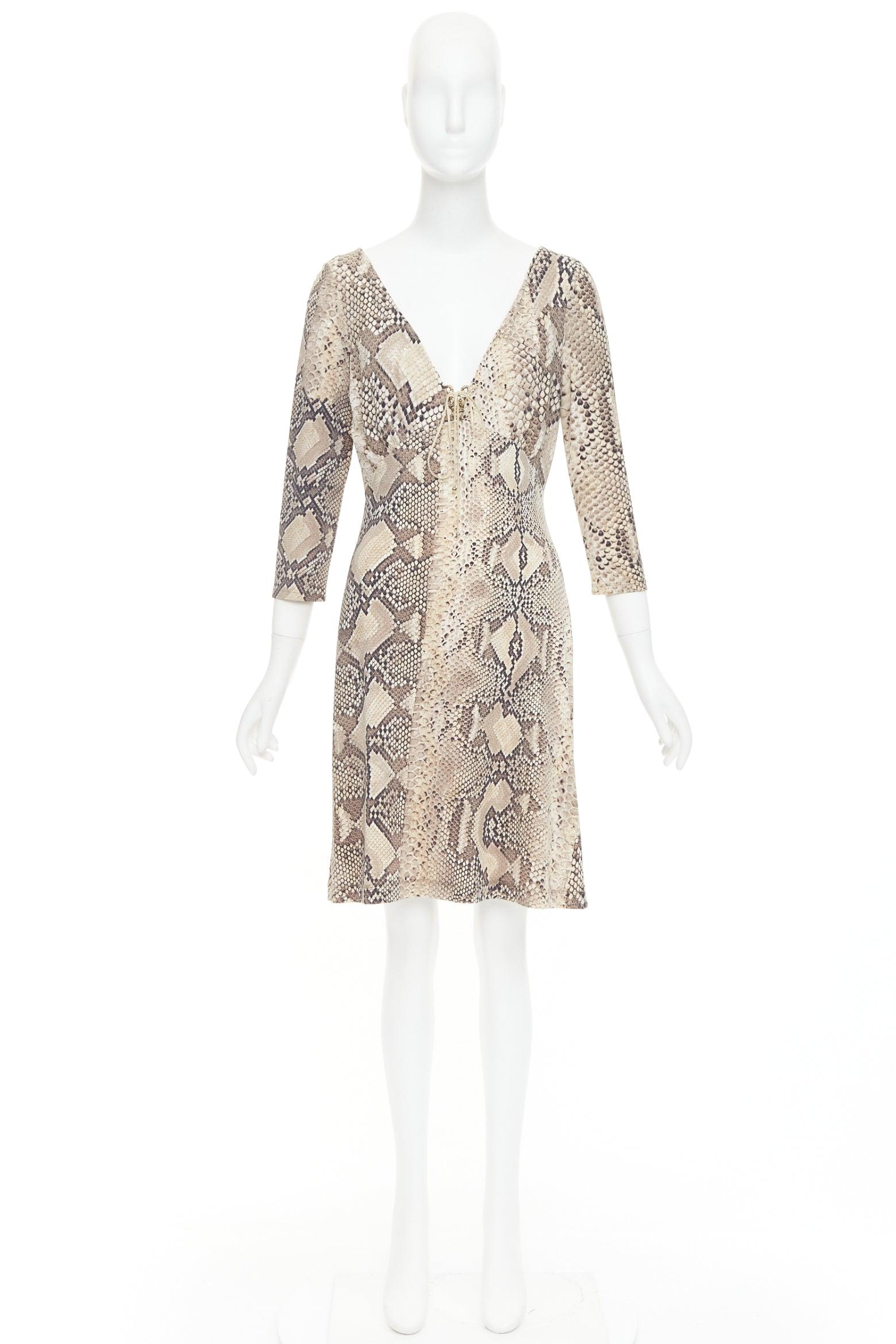ROBERTO CAVALLI Abito vintage in pelle squamata con dettaglio in pizzo e collo a V IT42 M. in vendita 4