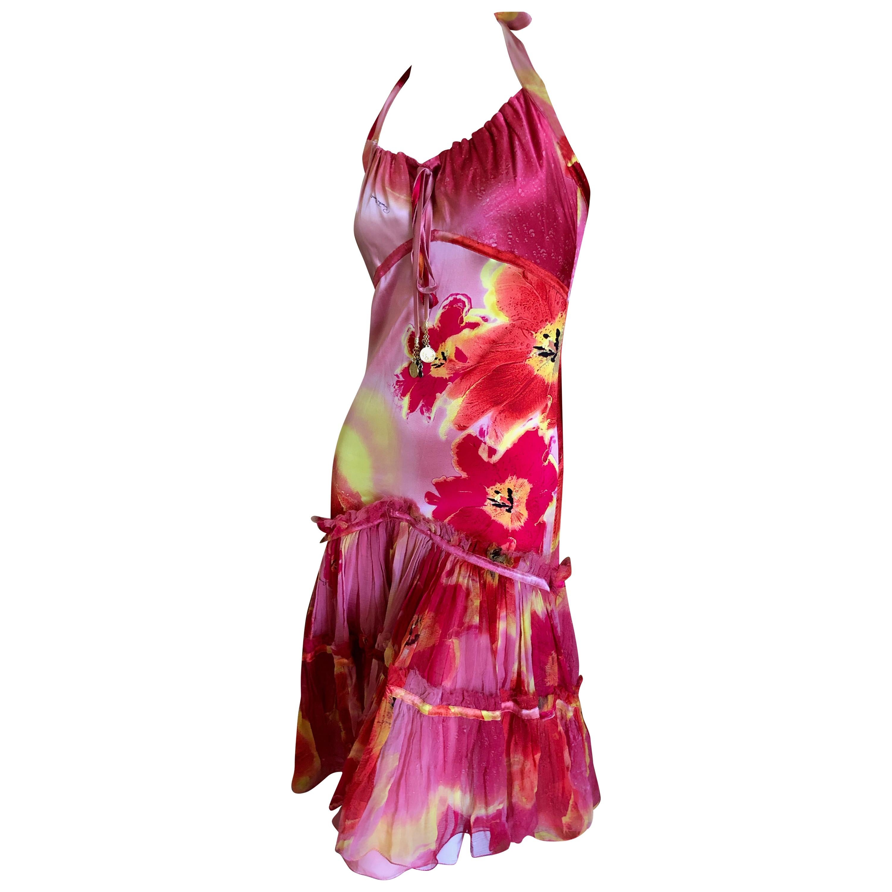 Roberto Cavalli Vintage Silk Acid Bright Floral Dress  For Sale