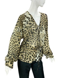 Roberto Cavalli Vintage Silk Animal Print Lace Up Top Blouse It 42 oversize