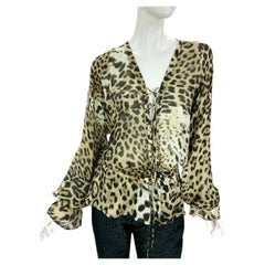 Roberto Cavalli Vintage Blusa de seda con estampado de animales y encaje Blusa It 42 oversize