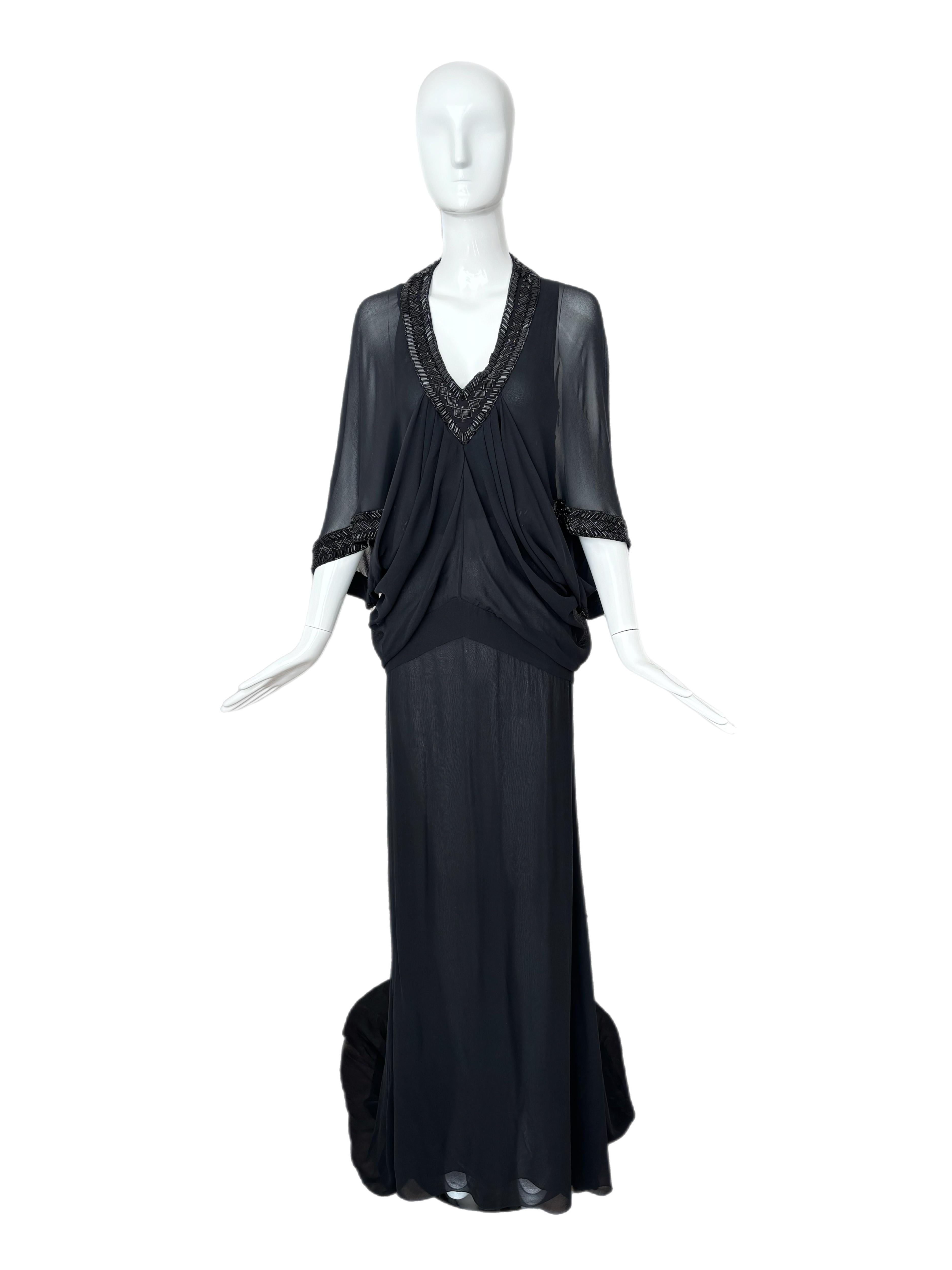 Black Roberto Cavalli Vintage Silk Beaded Evening Gown W Train Maxi Dress For Sale