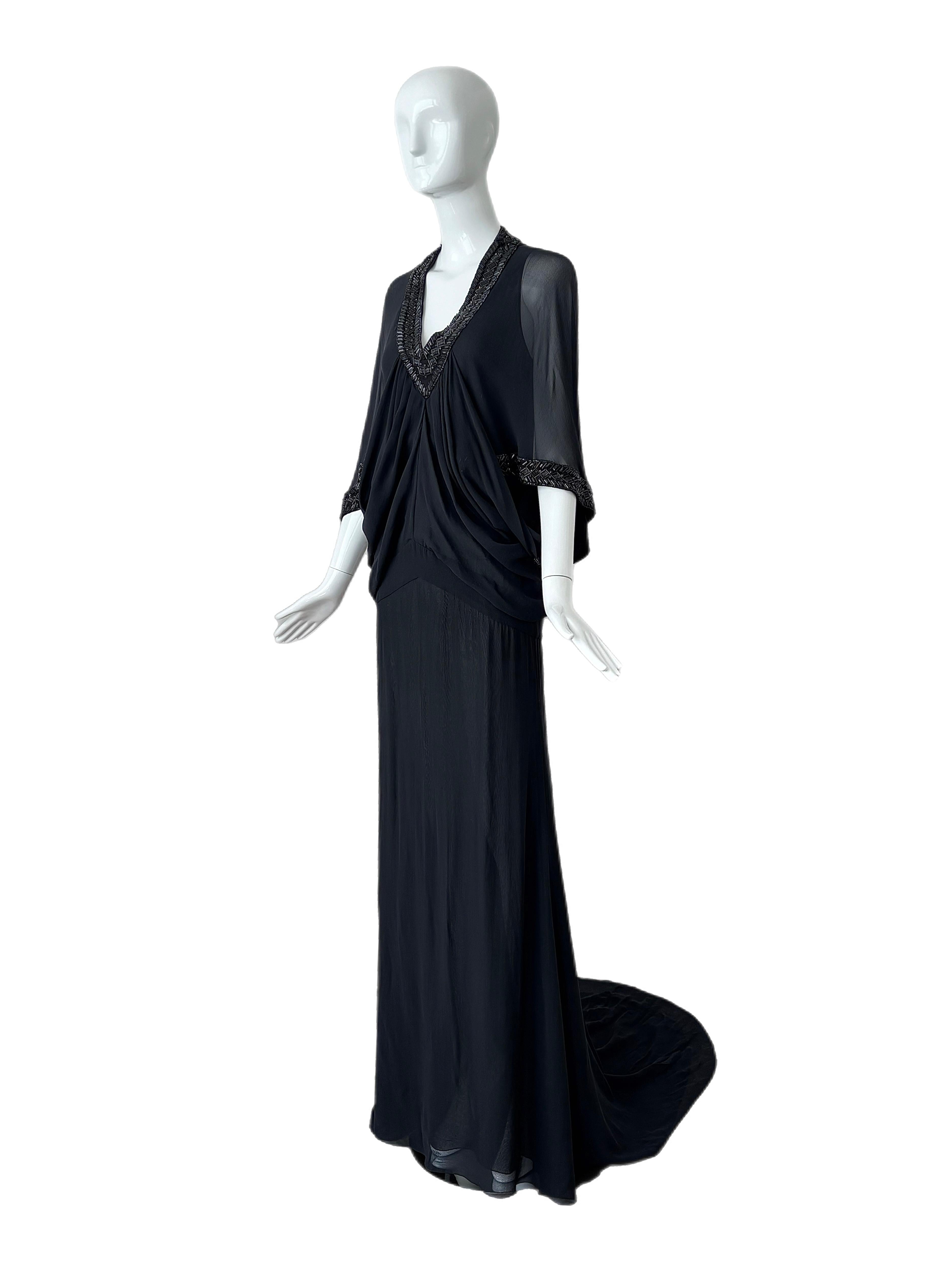 Roberto Cavalli Vintage Silk Beaded Evening Gown W Train Maxi Dress For Sale 1