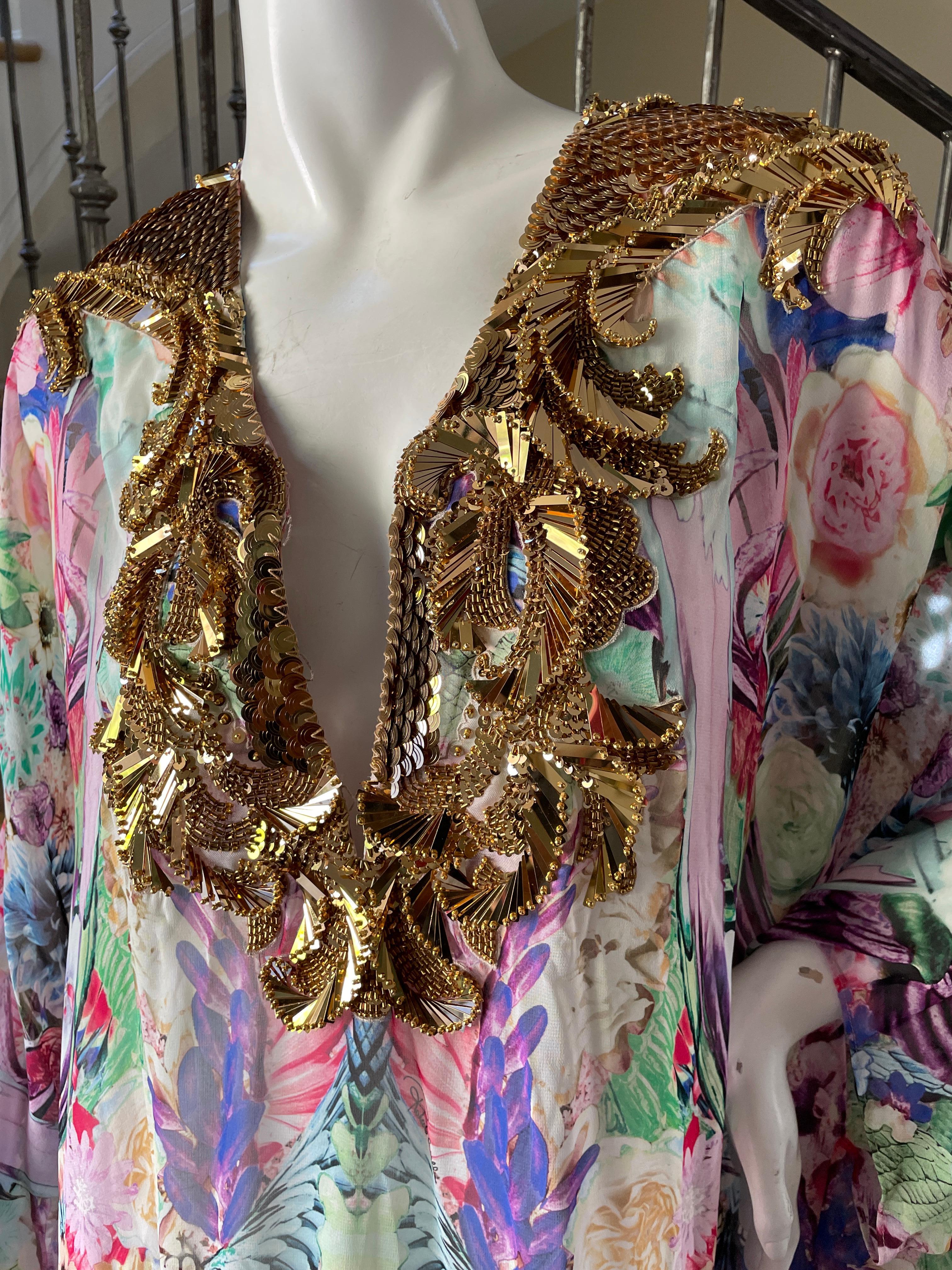 Roberto Cavalli Vintage SIlk Caftan Dress with Gold Embellished Yoke Collar
Size 54
 Bust 44