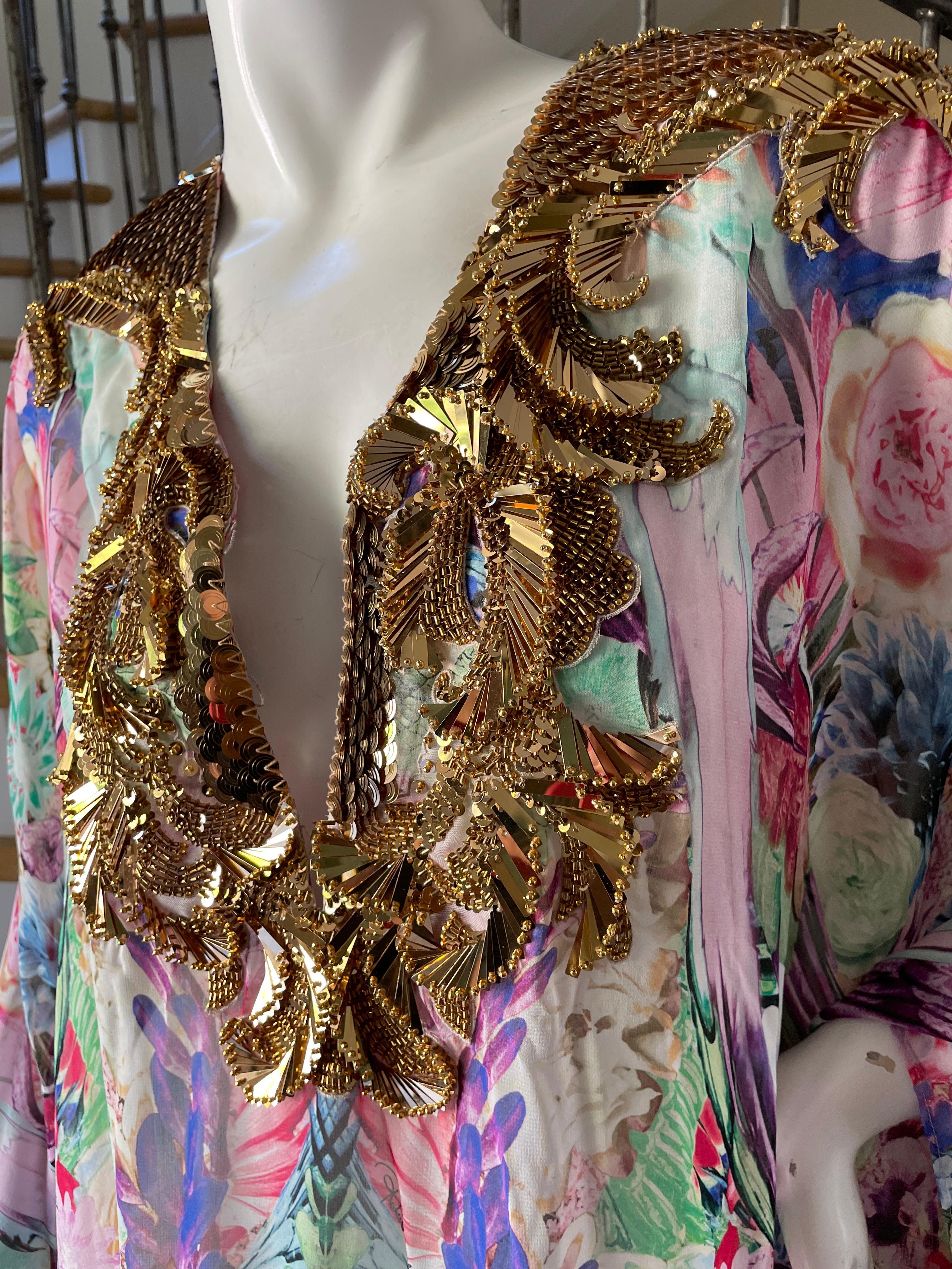 Brown Roberto Cavalli Vintage SIlk Caftan Dress with Gold Embellished Yoke Collar For Sale