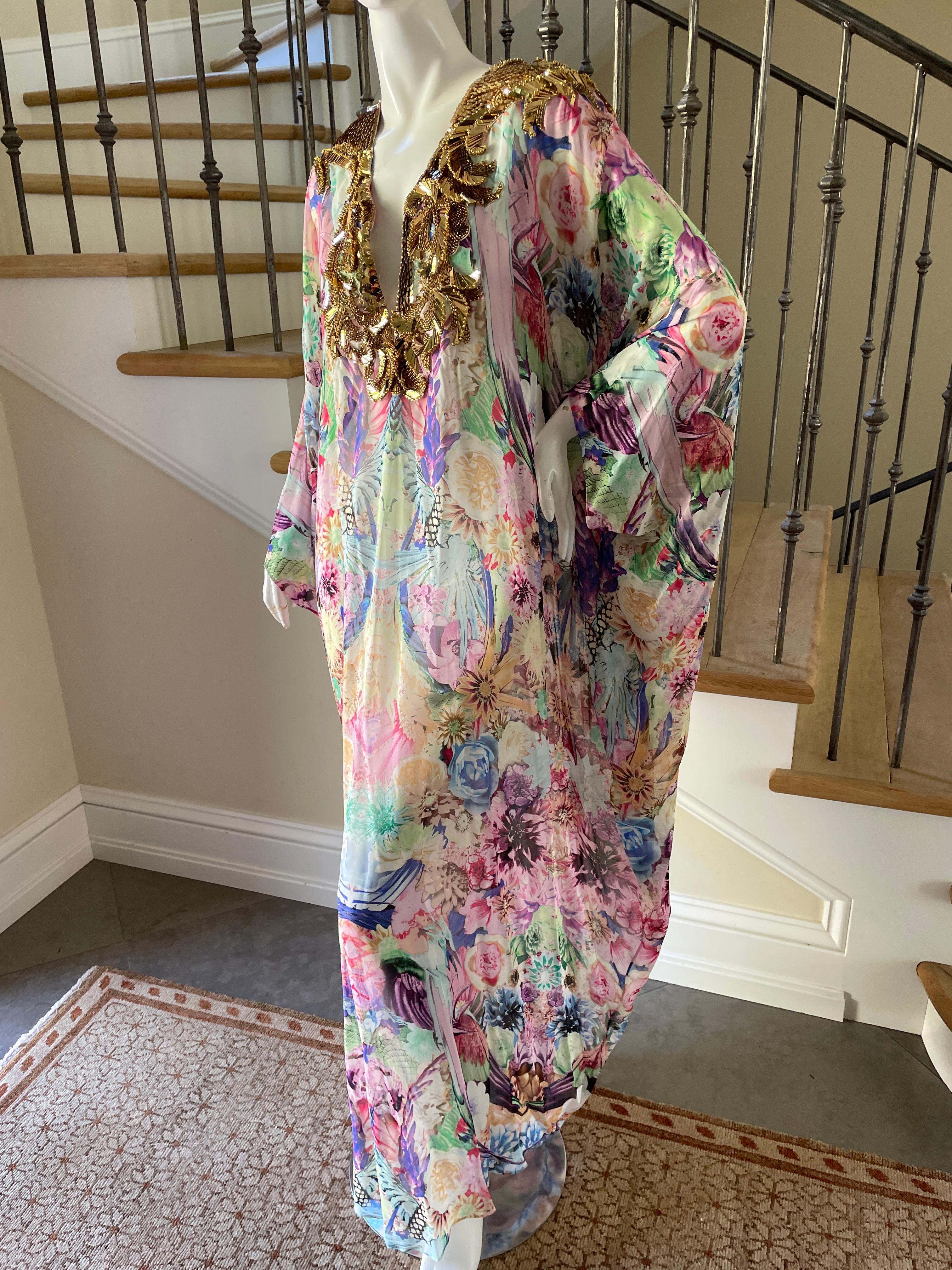 Roberto Cavalli Vintage SIlk Caftan Dress with Gold Embellished Yoke Collar In Excellent Condition For Sale In Cloverdale, CA