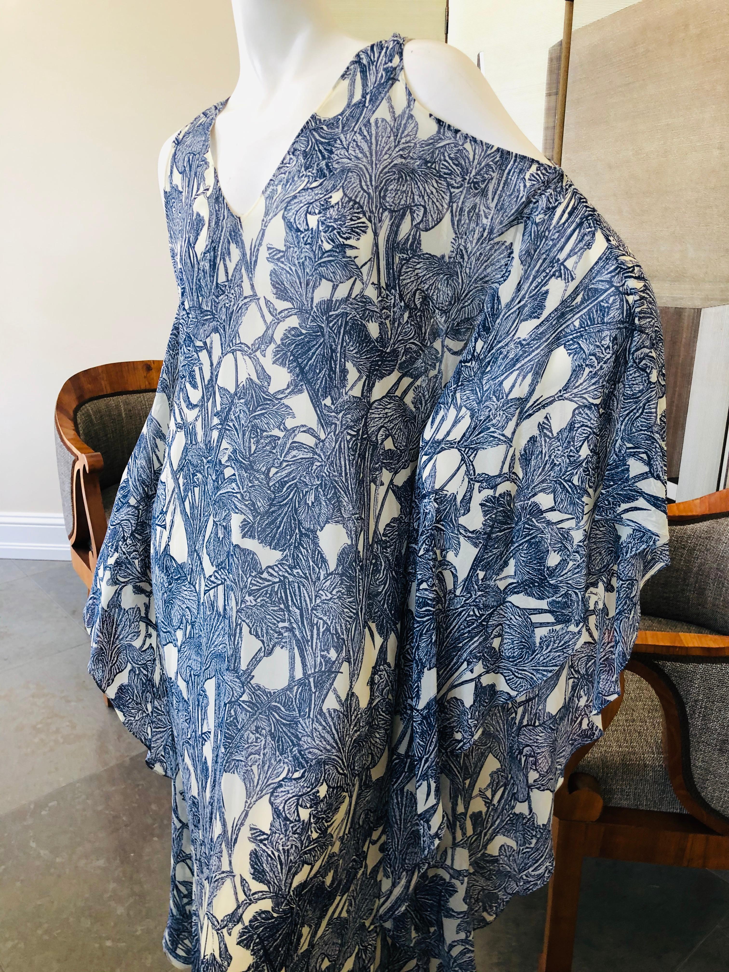 Roberto Cavalli SIlk Iris Print Cold Shoulder Caftan Dress .
This is so pretty, with a silk slip attached
Size 42
 Bust 38