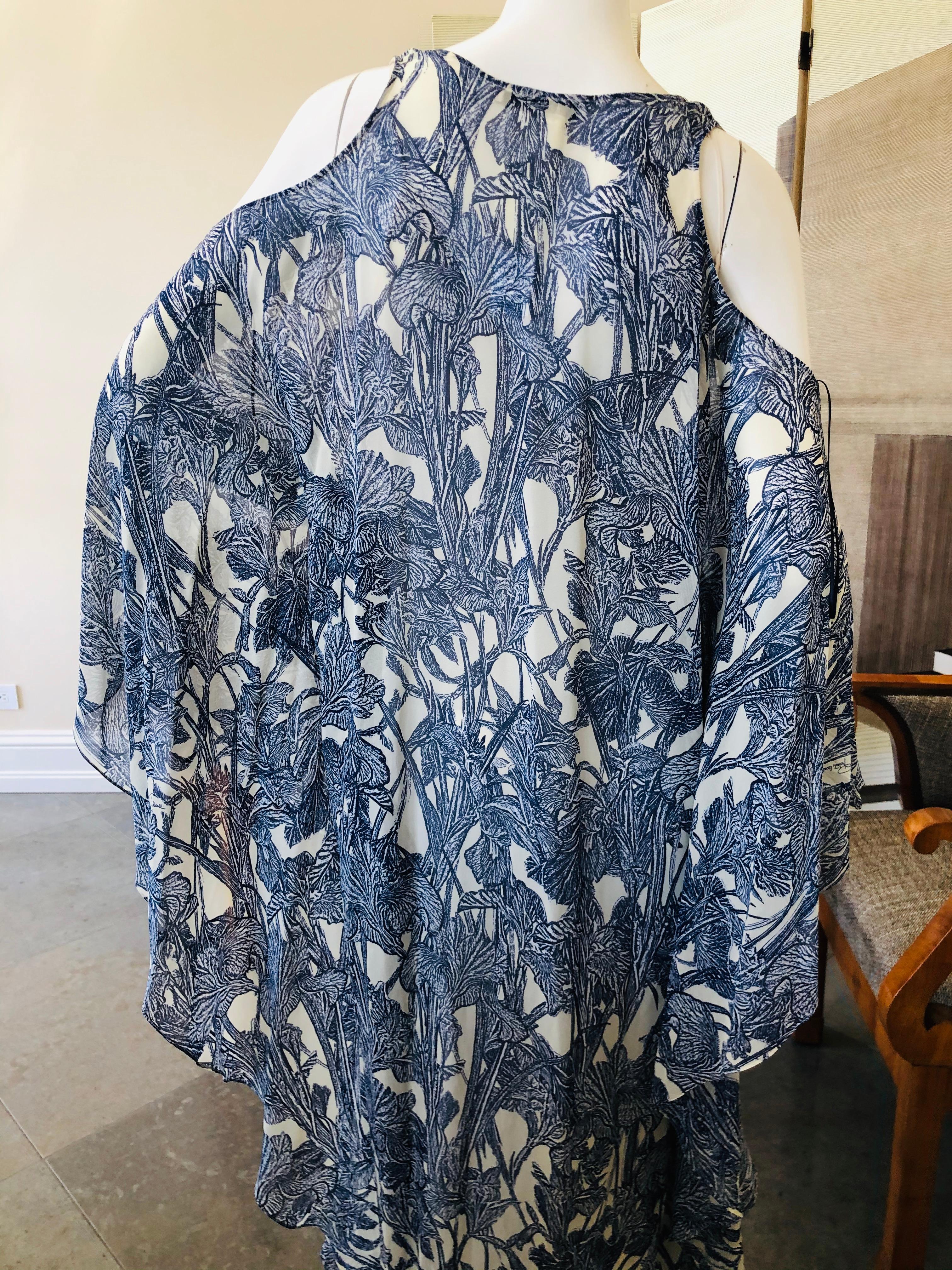 Roberto Cavalli Vintage SIlk Iris Print Cold Shoulder Caftan Dress  In Excellent Condition For Sale In Cloverdale, CA