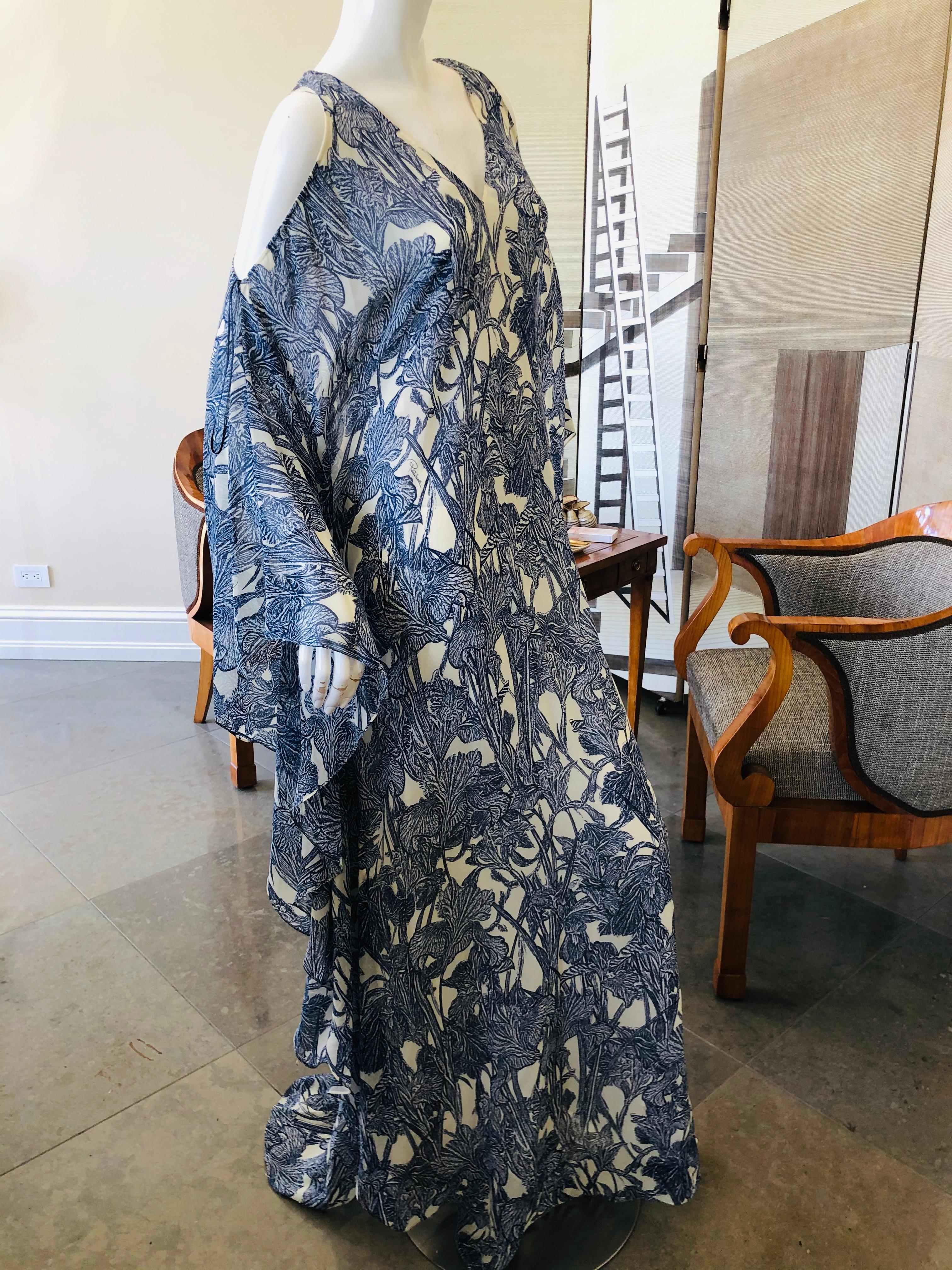 Roberto Cavalli Vintage SIlk Iris Print Cold Shoulder Caftan Dress  For Sale 1