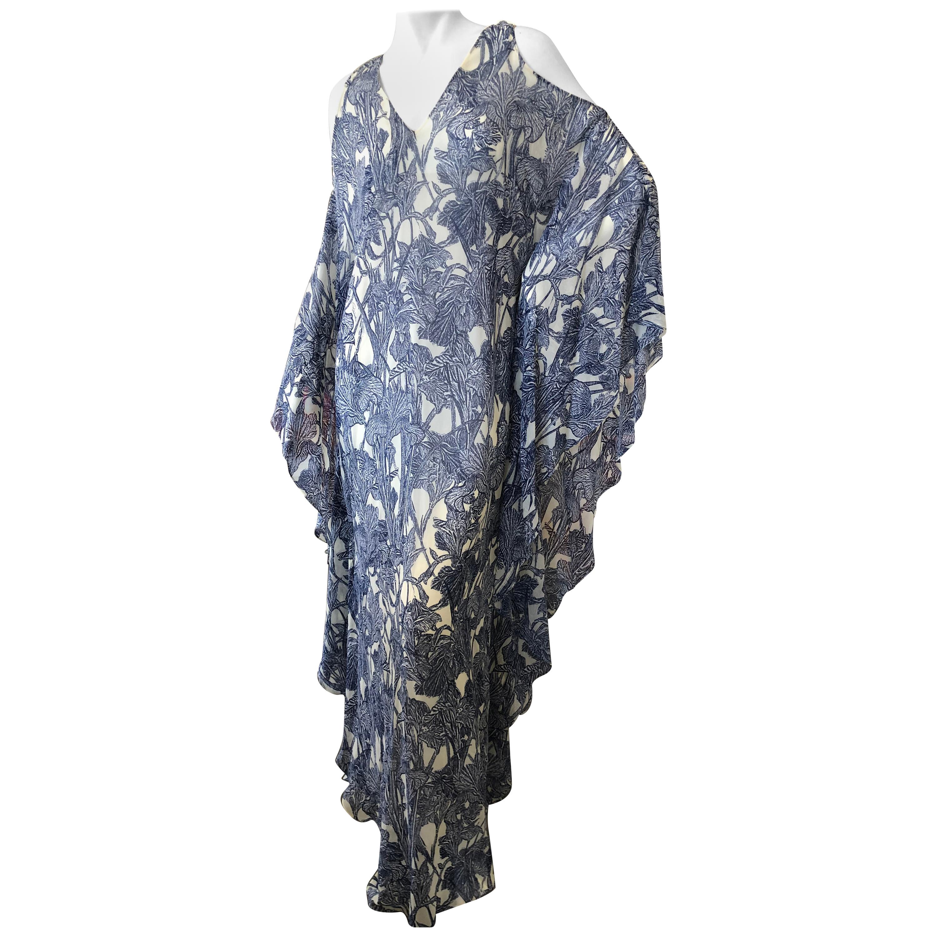 Roberto Cavalli Vintage SIlk Iris Print Cold Shoulder Caftan Dress  For Sale