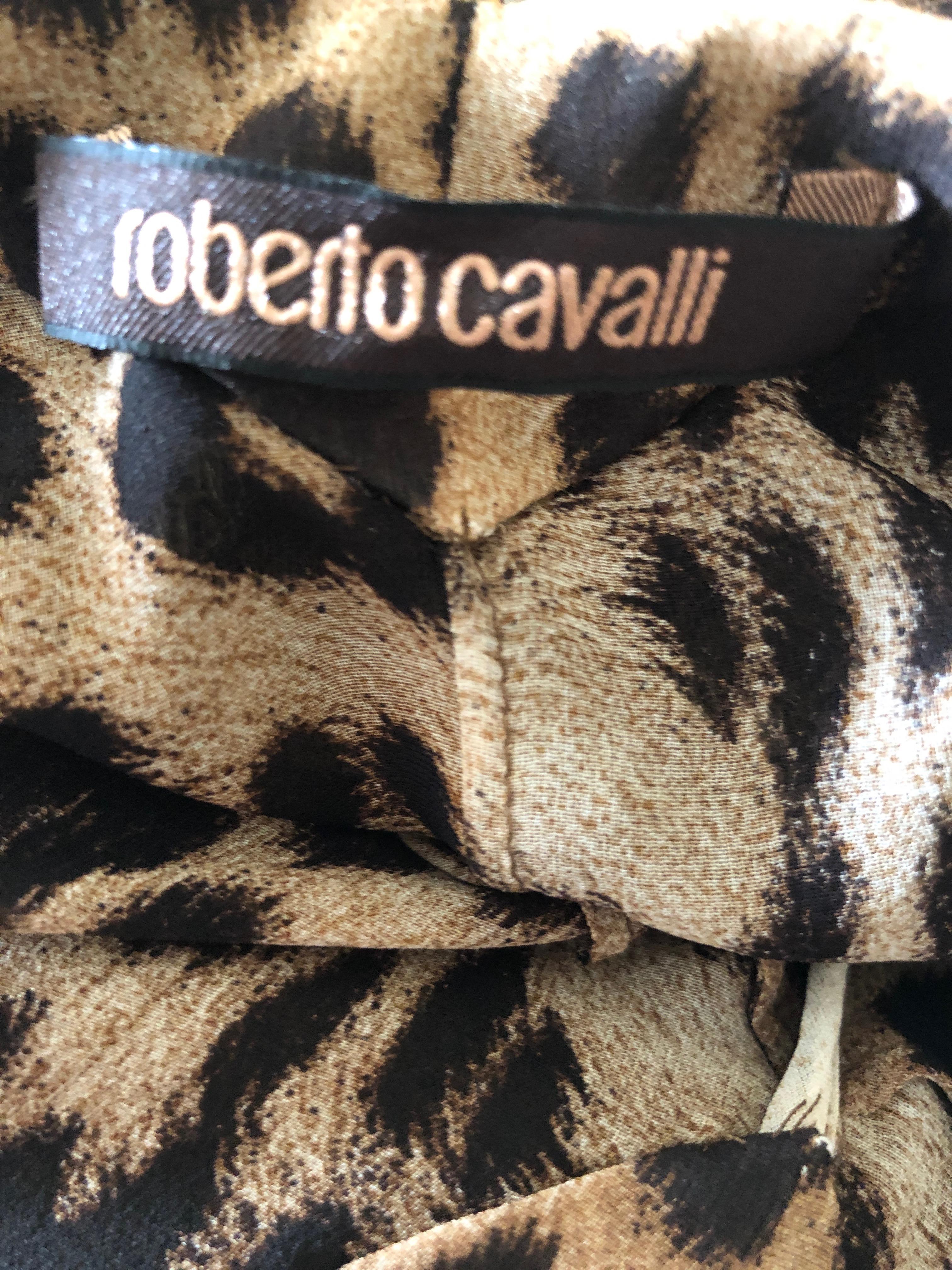 Roberto Cavalli Vintage Silk Leopard Print Embellished Net Overlay Evening Dress For Sale 5