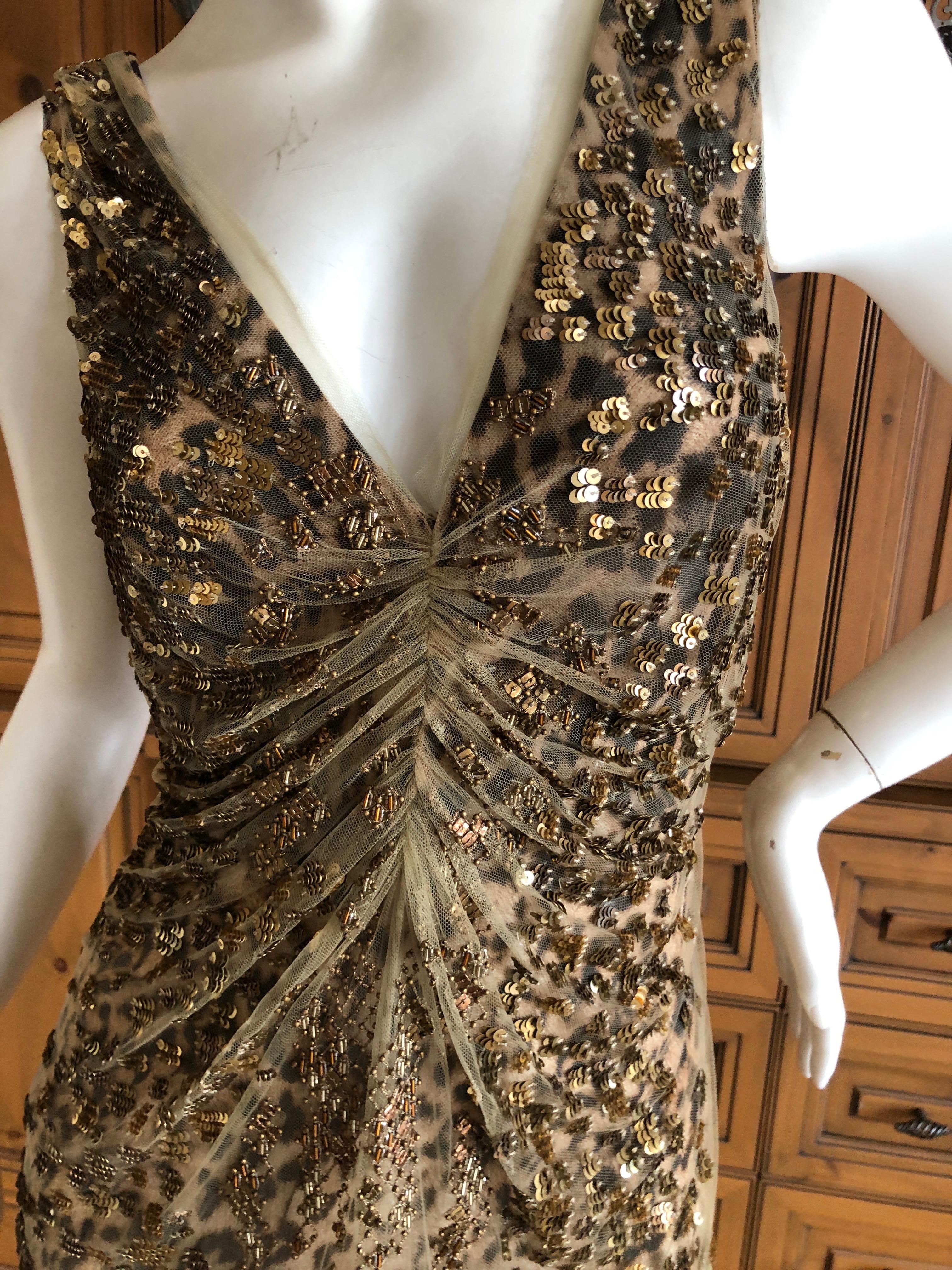 Gray Roberto Cavalli Vintage Silk Leopard Print Embellished Net Overlay Evening Dress For Sale
