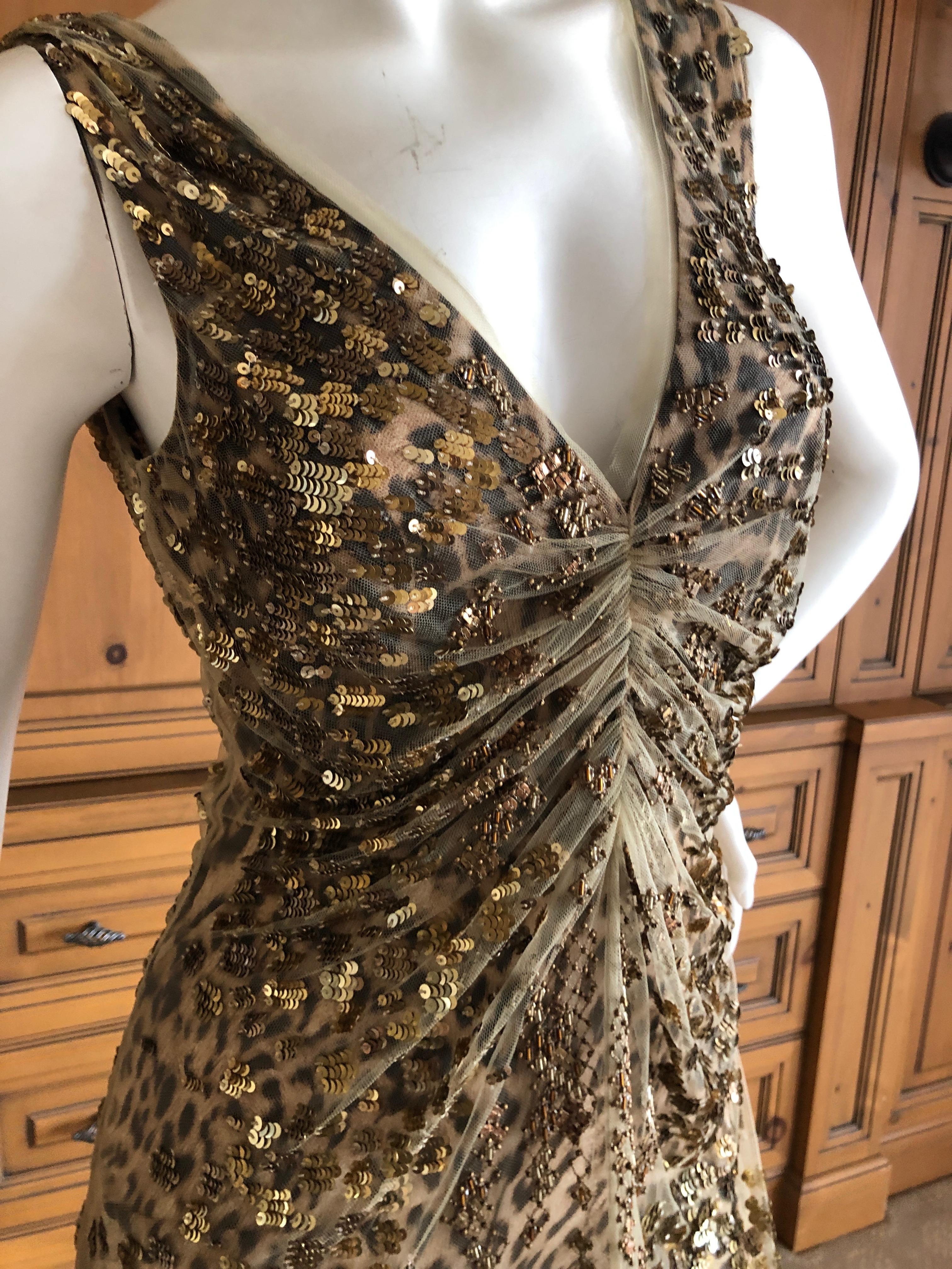 Roberto Cavalli Vintage Silk Leopard Print Embellished Net Overlay Evening Dress In Excellent Condition For Sale In Cloverdale, CA