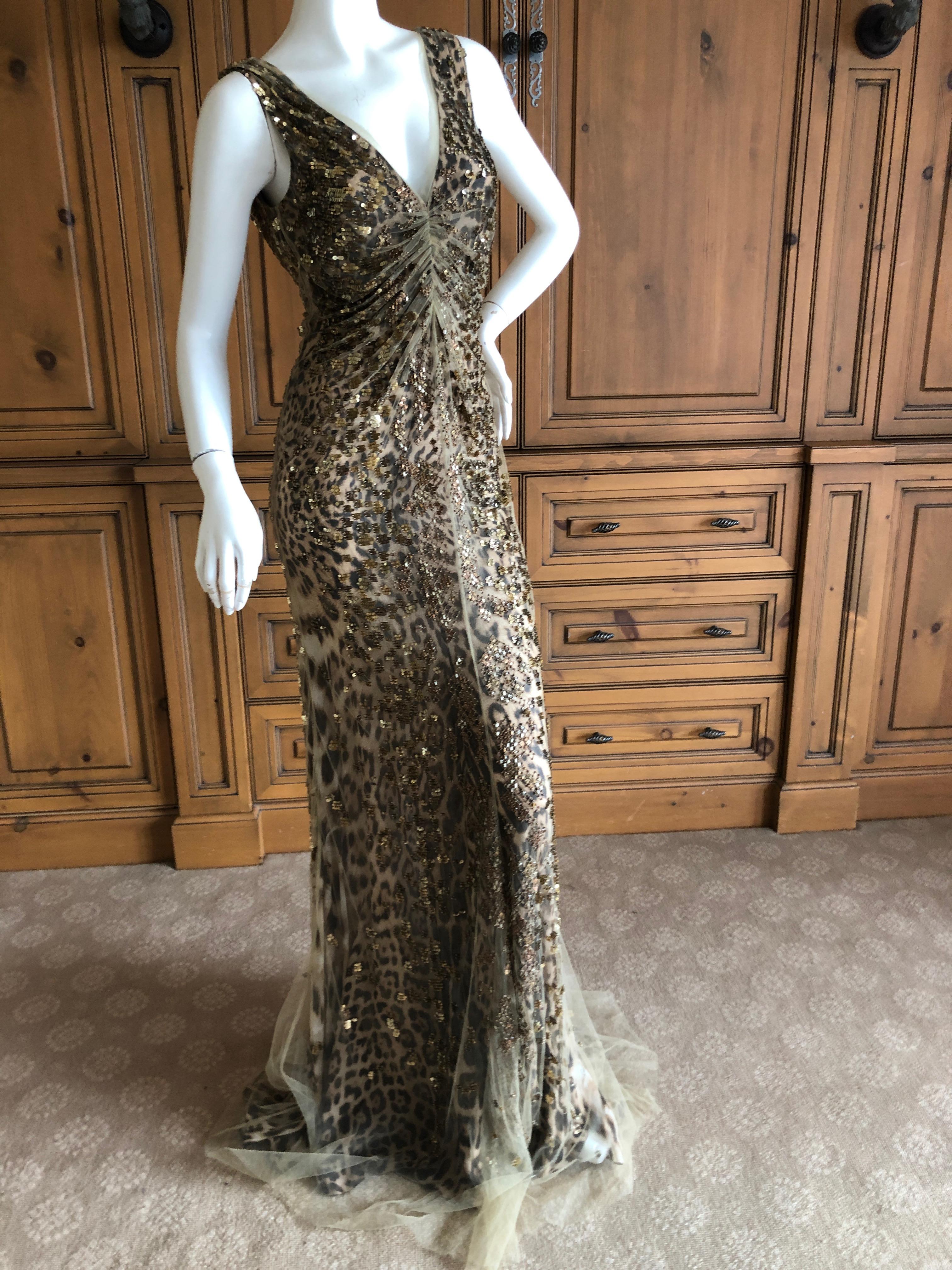 Women's Roberto Cavalli Vintage Silk Leopard Print Embellished Net Overlay Evening Dress For Sale