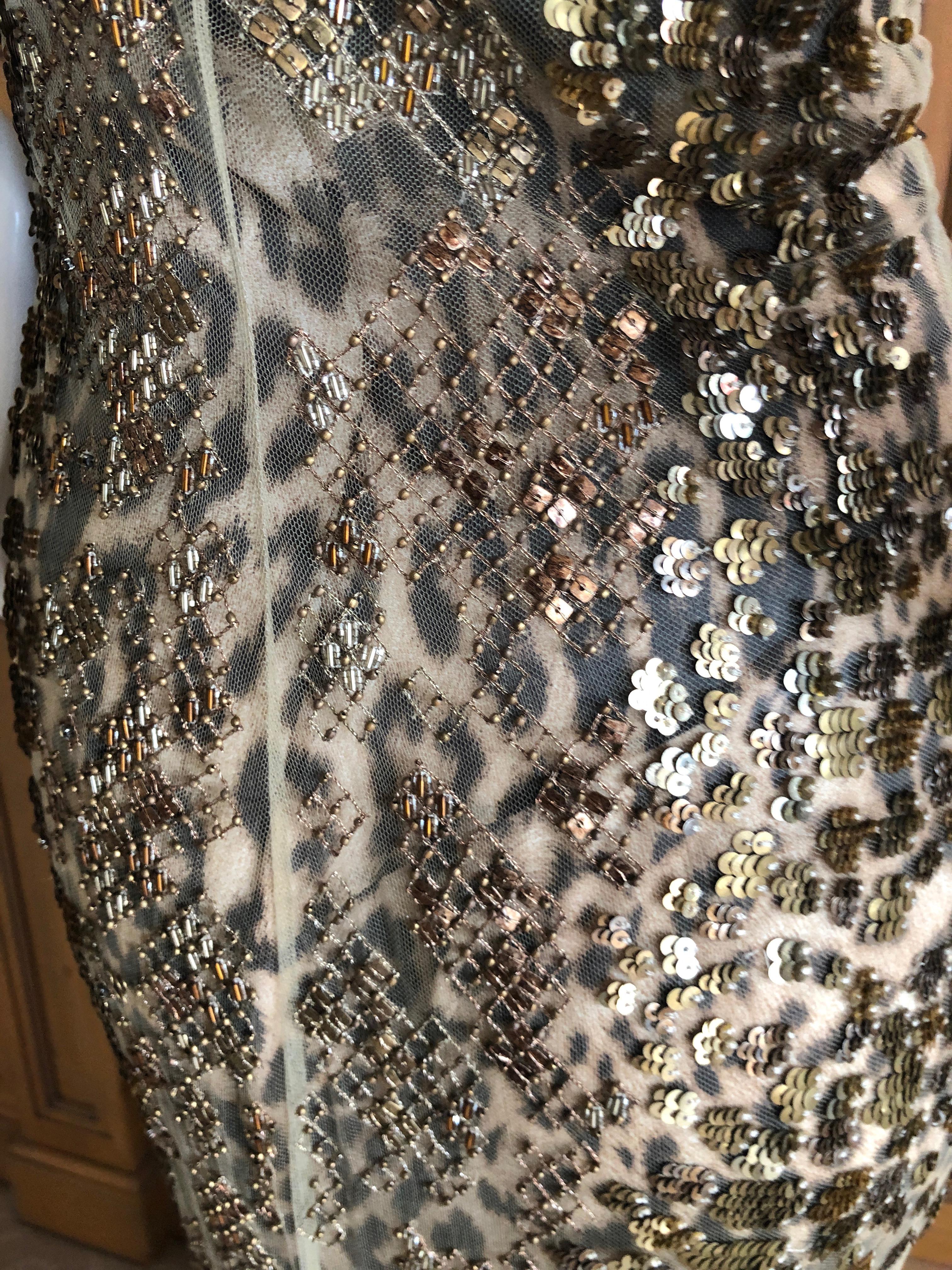Roberto Cavalli Vintage Silk Leopard Print Embellished Net Overlay Evening Dress For Sale 2