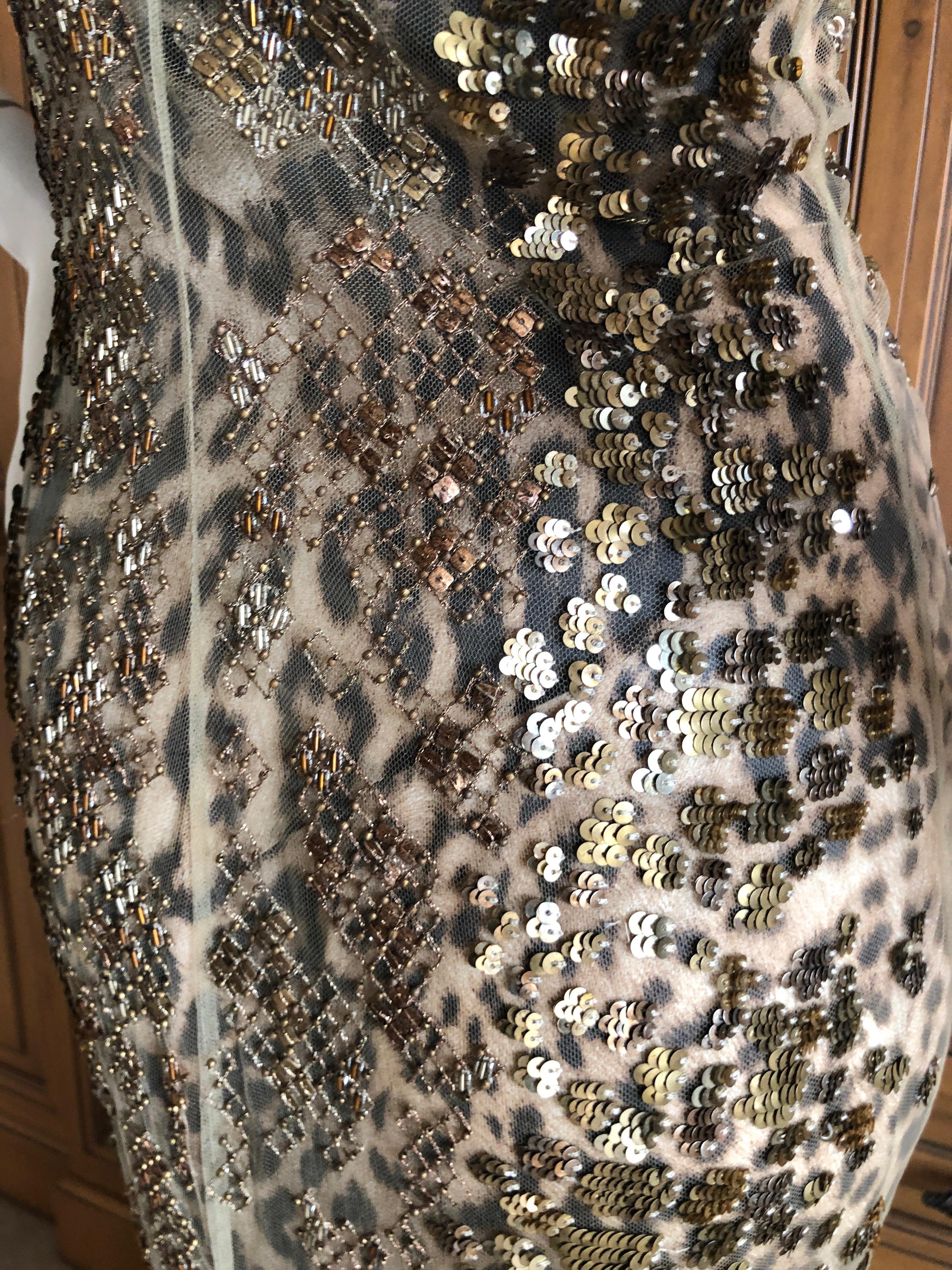 Roberto Cavalli Vintage Silk Leopard Print Embellished Net Overlay Evening Dress For Sale 3