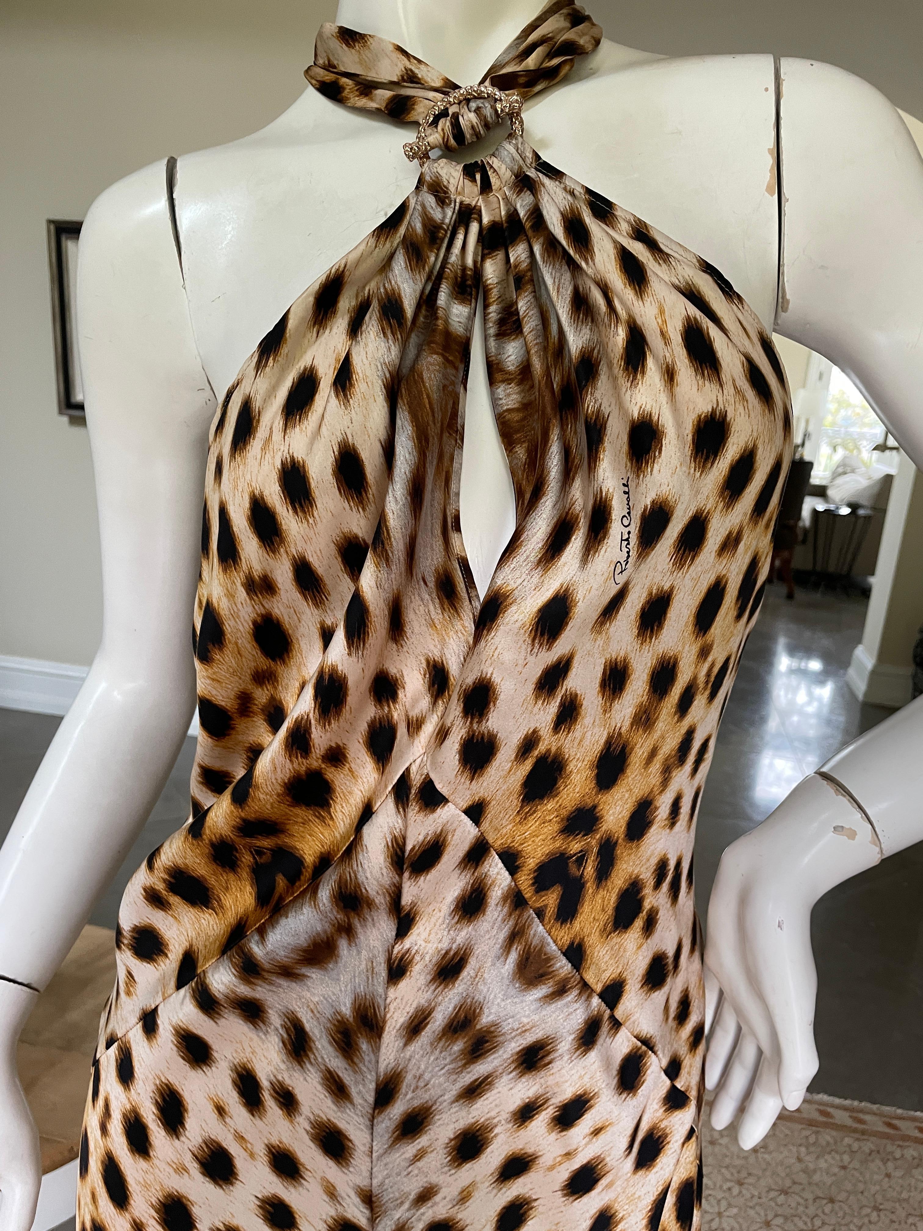 Beige Roberto Cavalli Vintage Silk Leopard Print Halter Style Evening Dress with Train For Sale
