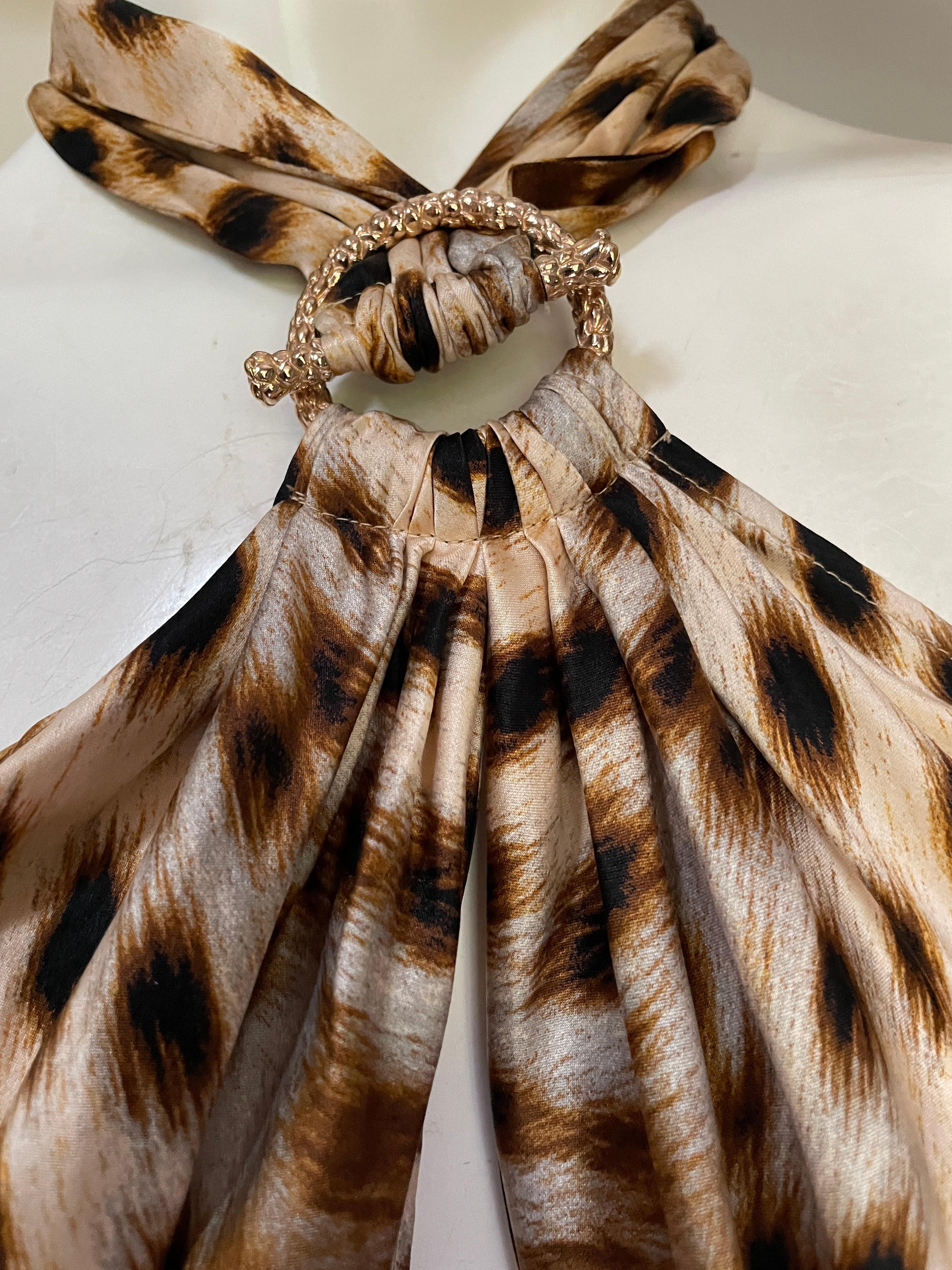 Roberto Cavalli Vintage Silk Leopard Print Halter Style Evening Dress with Train In Excellent Condition For Sale In Cloverdale, CA