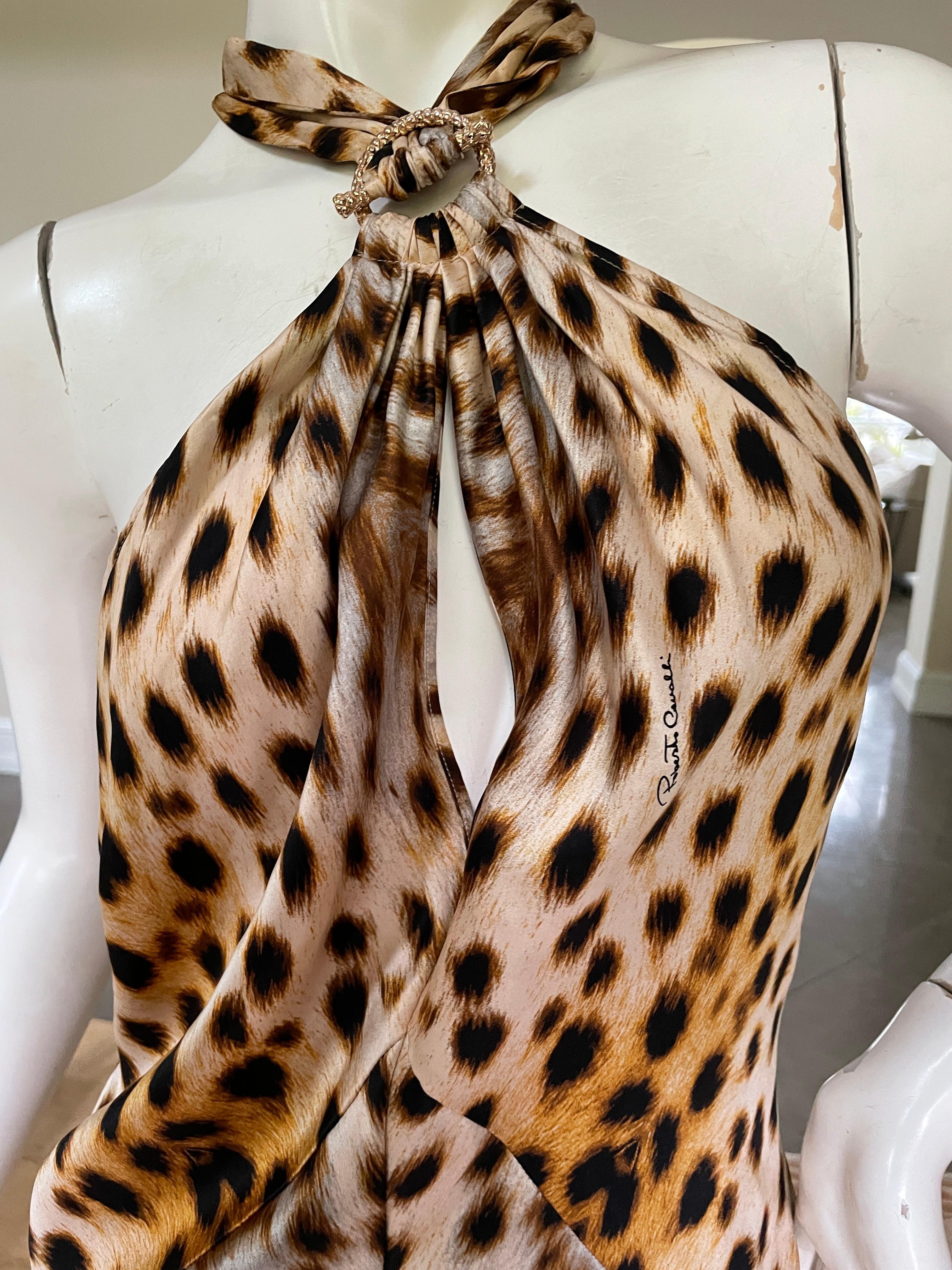 Women's Roberto Cavalli Vintage Silk Leopard Print Halter Style Evening Dress with Train For Sale