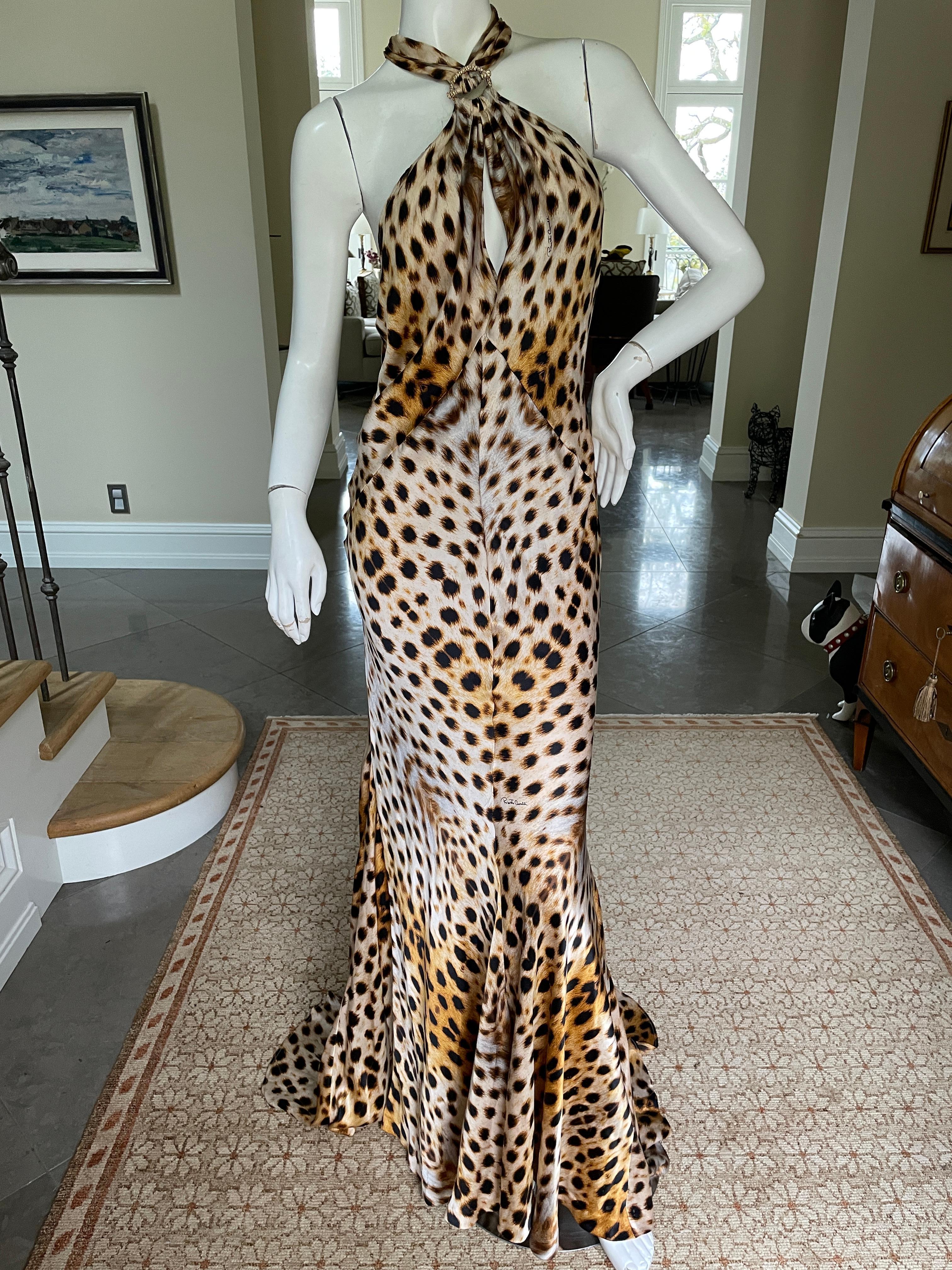 Roberto Cavalli Vintage Silk Leopard Print Halter Style Evening Dress with Train For Sale 1