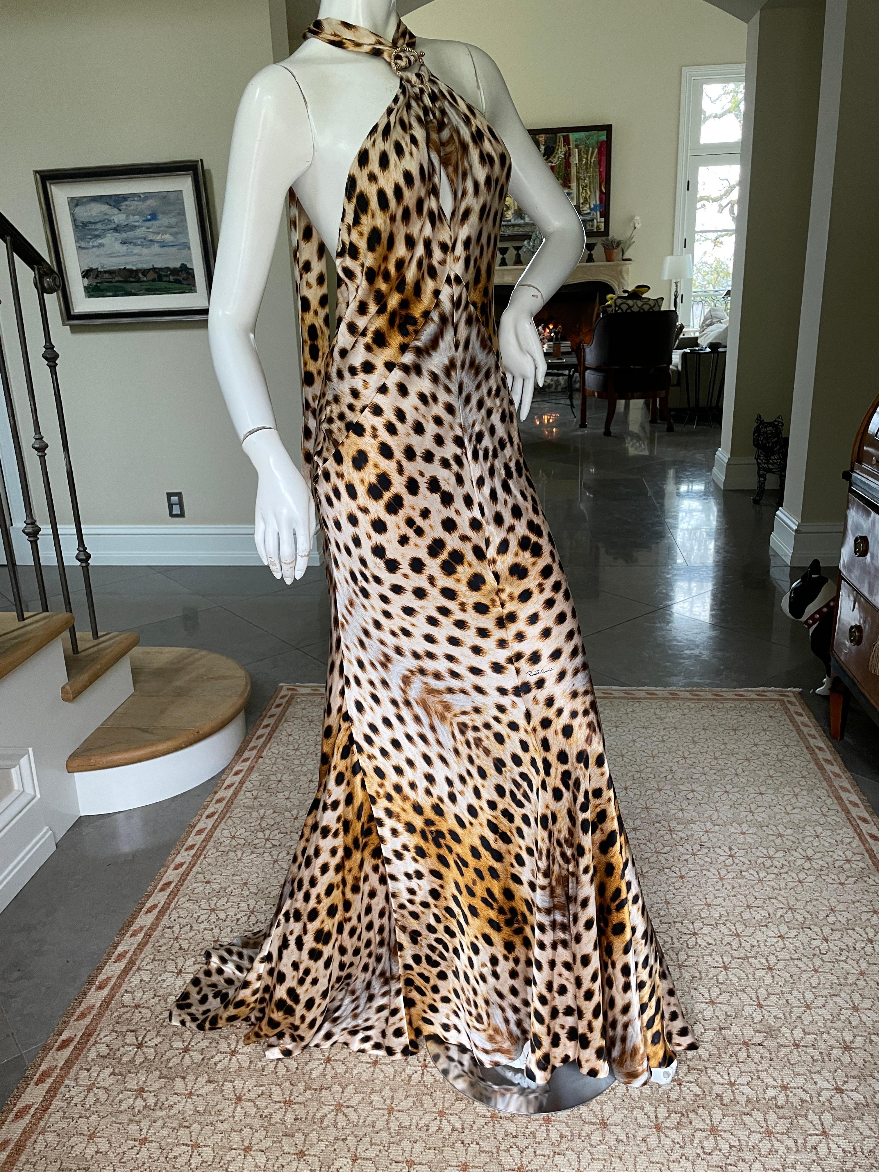 Roberto Cavalli Vintage Silk Leopard Print Halter Style Evening Dress with Train For Sale 2